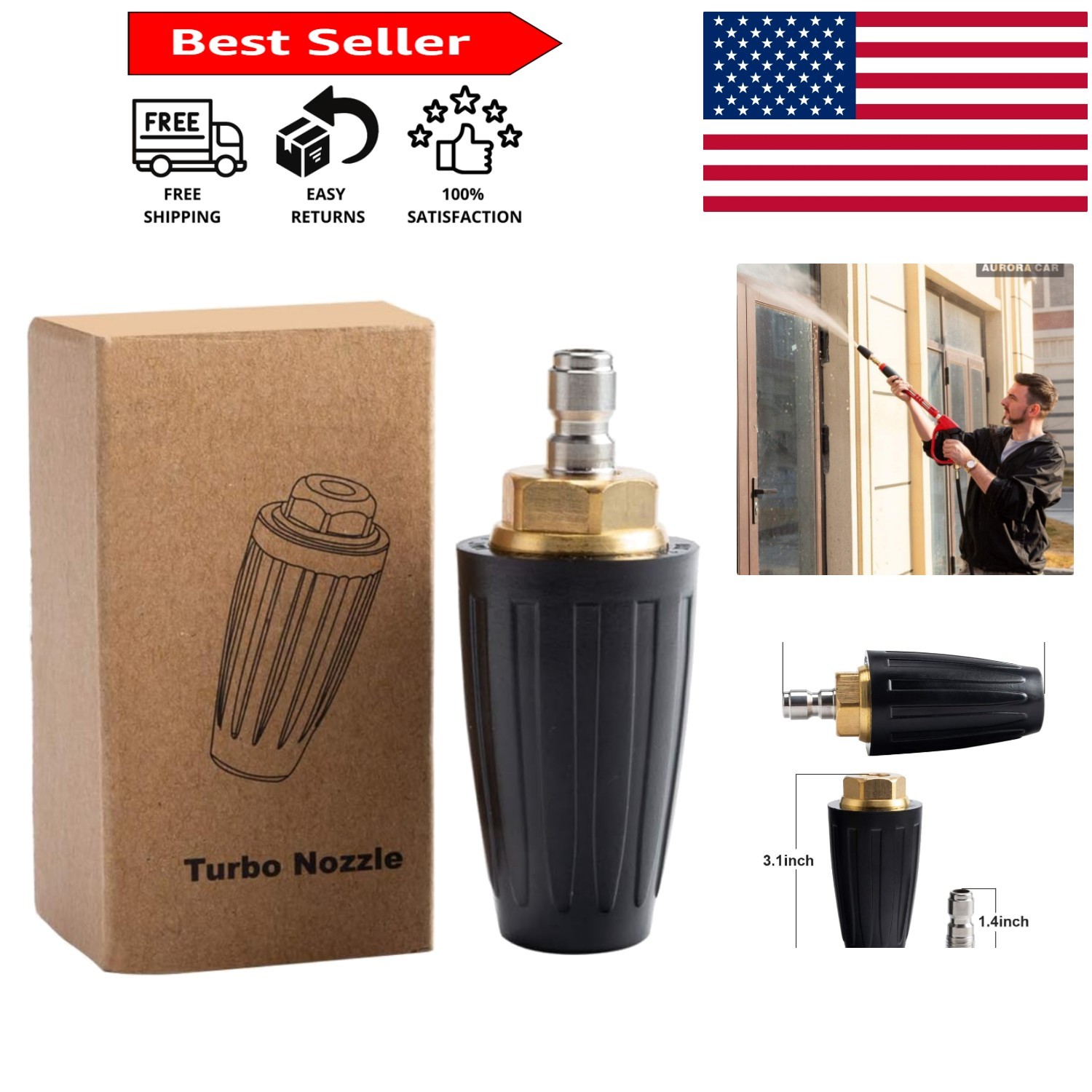 4000 PSI Turbo Nozzle – High Impact Rotating Pressure Washer Tip 1/4″ Connection