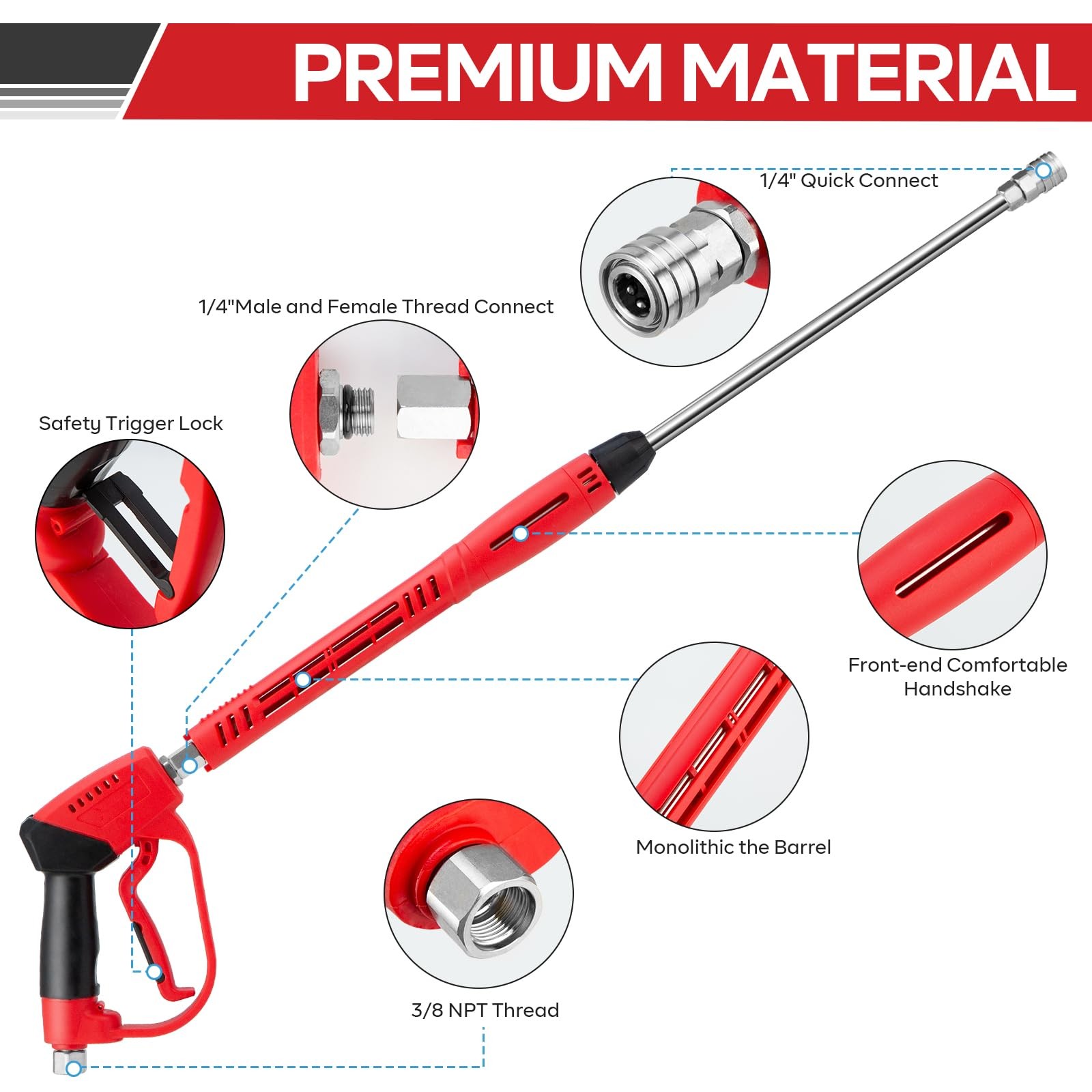 High Pressure Washer Gun 5000 PSI Wand Extension 1/4 Connect M22 40 Inch