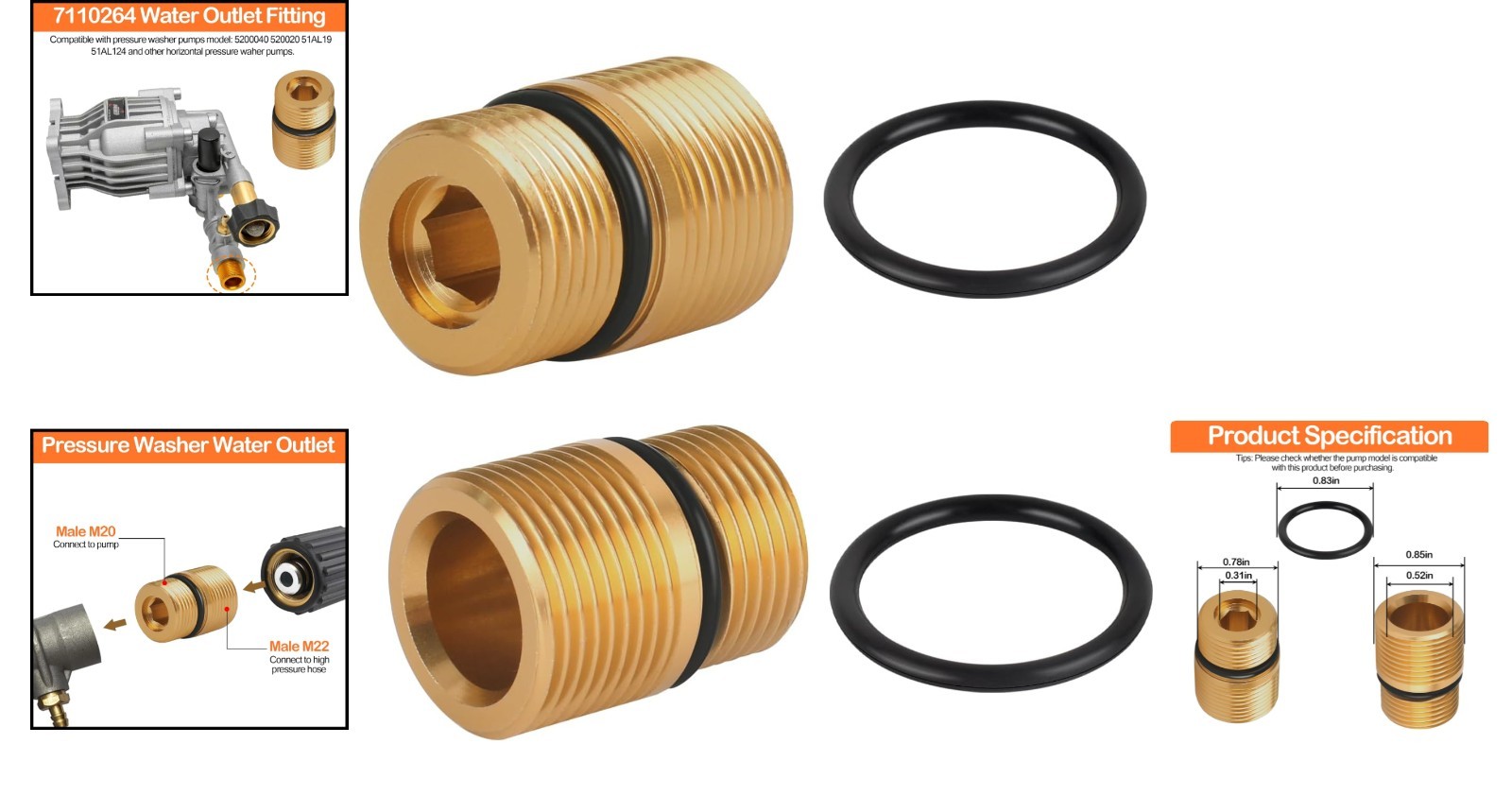 2-Pack M20 to M22 Pressure Washer Water Outlet Fitting – Compatible with Simpson