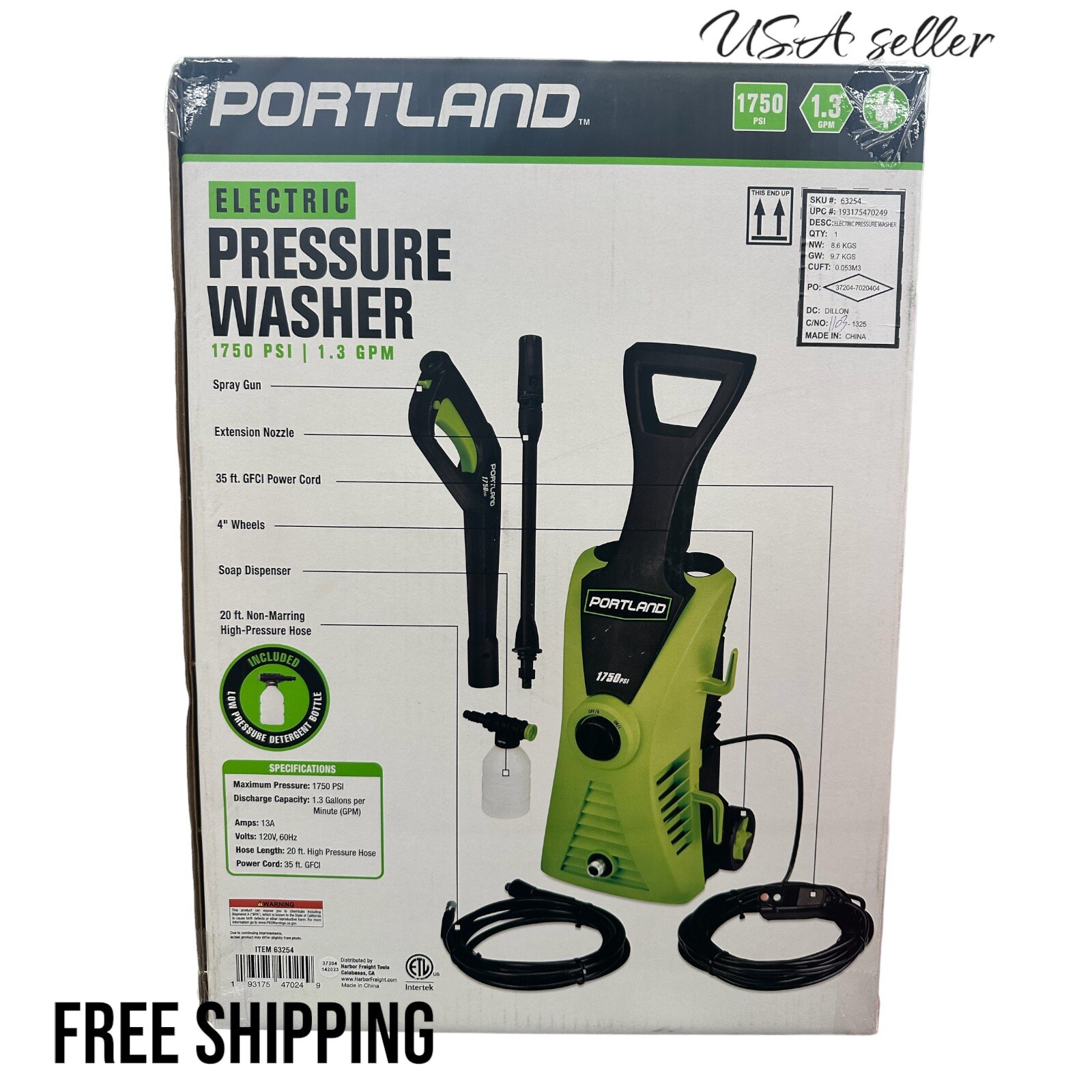 PORTLAND 1750 PSI 1.3 GPM Corded Electric Pressure Washer Car Patio Cleaning Wal