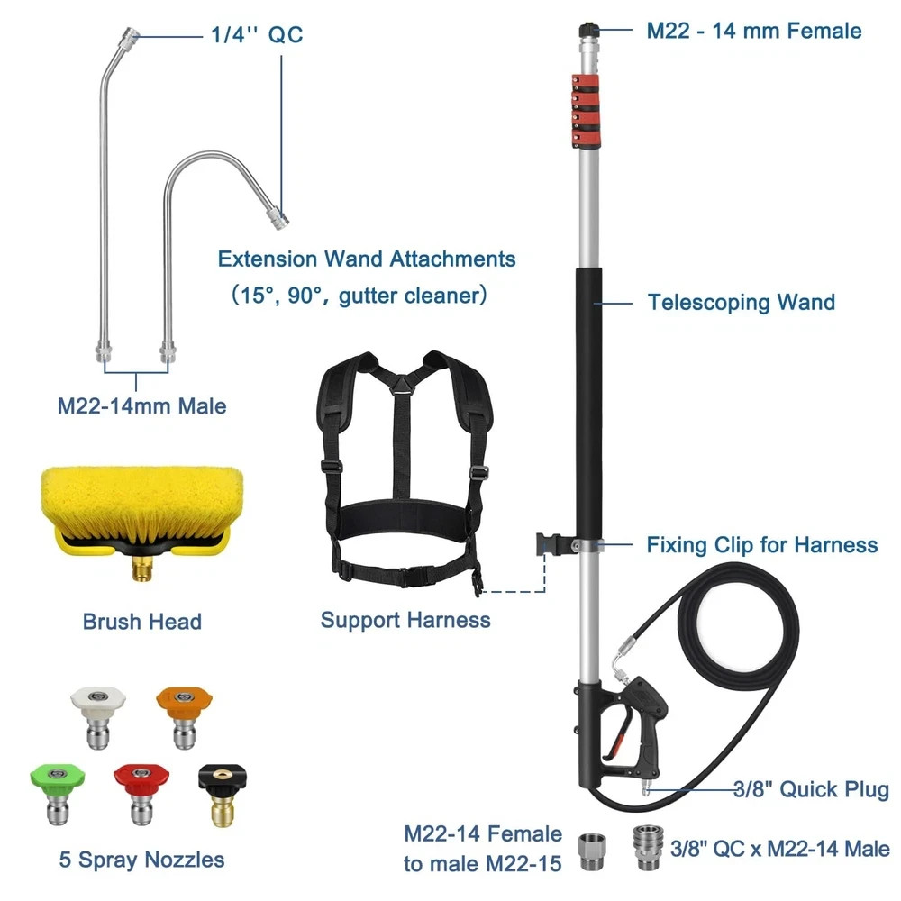 24FT Telescoping Pressure Washer Wand Kit – Extension Pole, Gutter Cleaner, B…