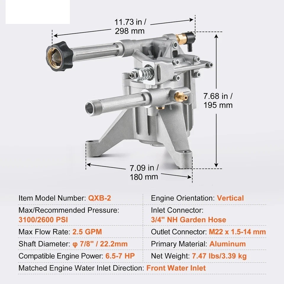 Pressure Washer Pump 7/8″ Shaft Vertical 3100 PSI 2.5GPM with 5 Nozzles