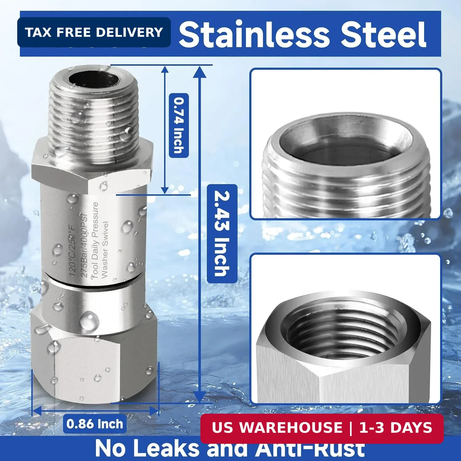 Pressure Washer Swivel 3/8 Inch NPT-M Male Thread 4000 PSI Stainless Steel