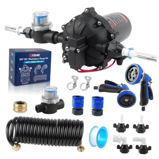12V DC Washdown Pump Kit with 80 PSI 7.5 GPM, 5-Chamber Self Priming Diaphragm