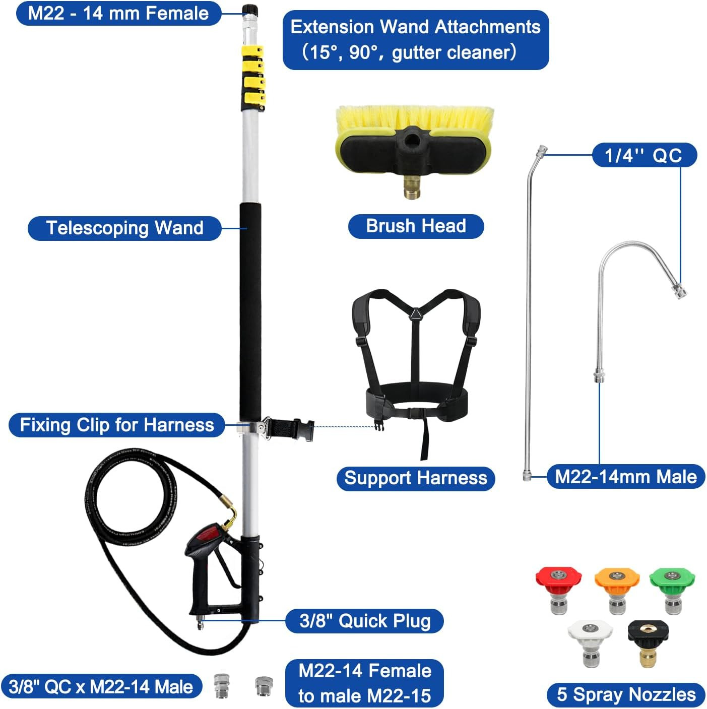 24FT Telescoping Pressure Washer Extension Wand with Brush Head,Power Washer Ext