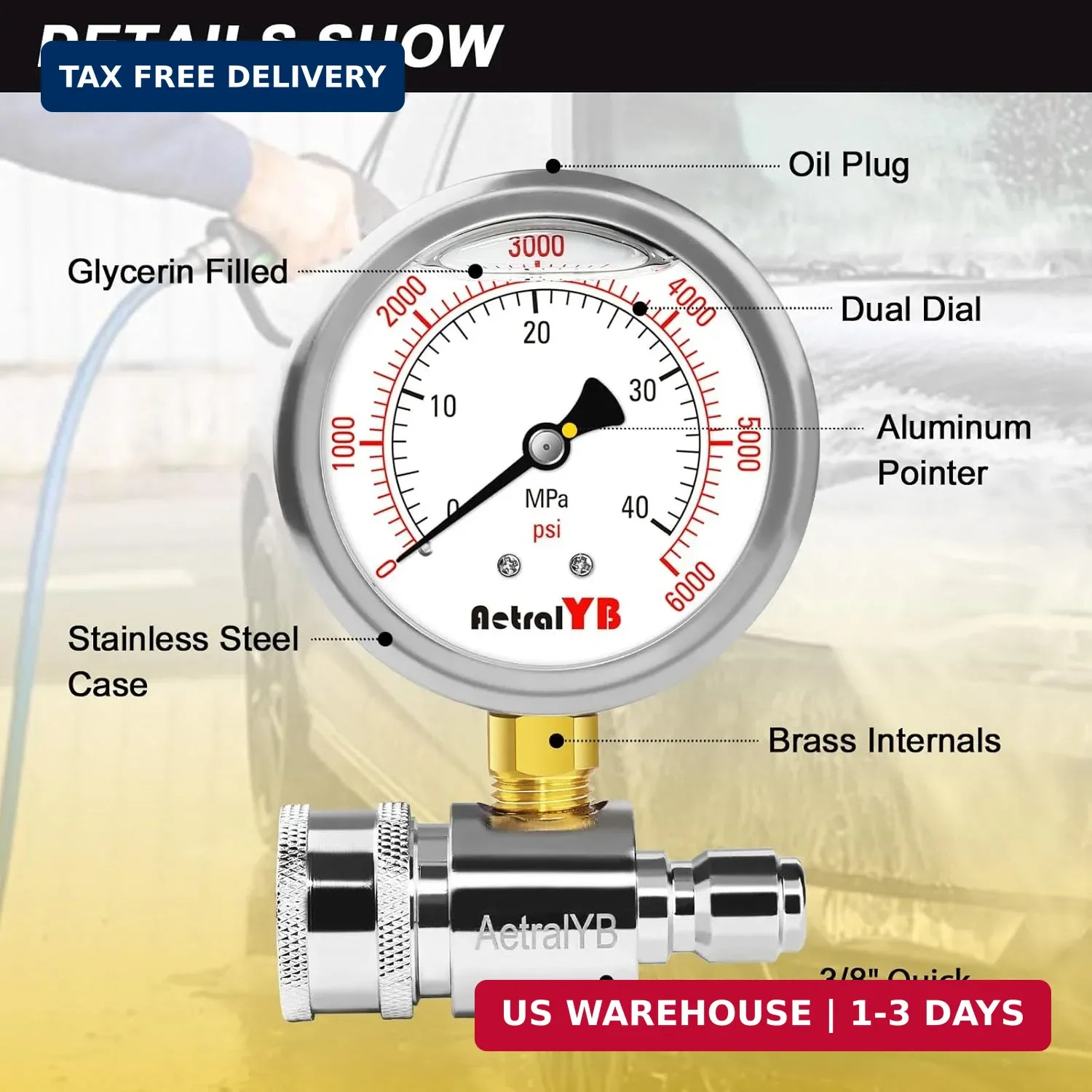 Pressure Washer Gauge with 3/8 Inch Quick Connect, Heavy-Duty Pressure Gauge for