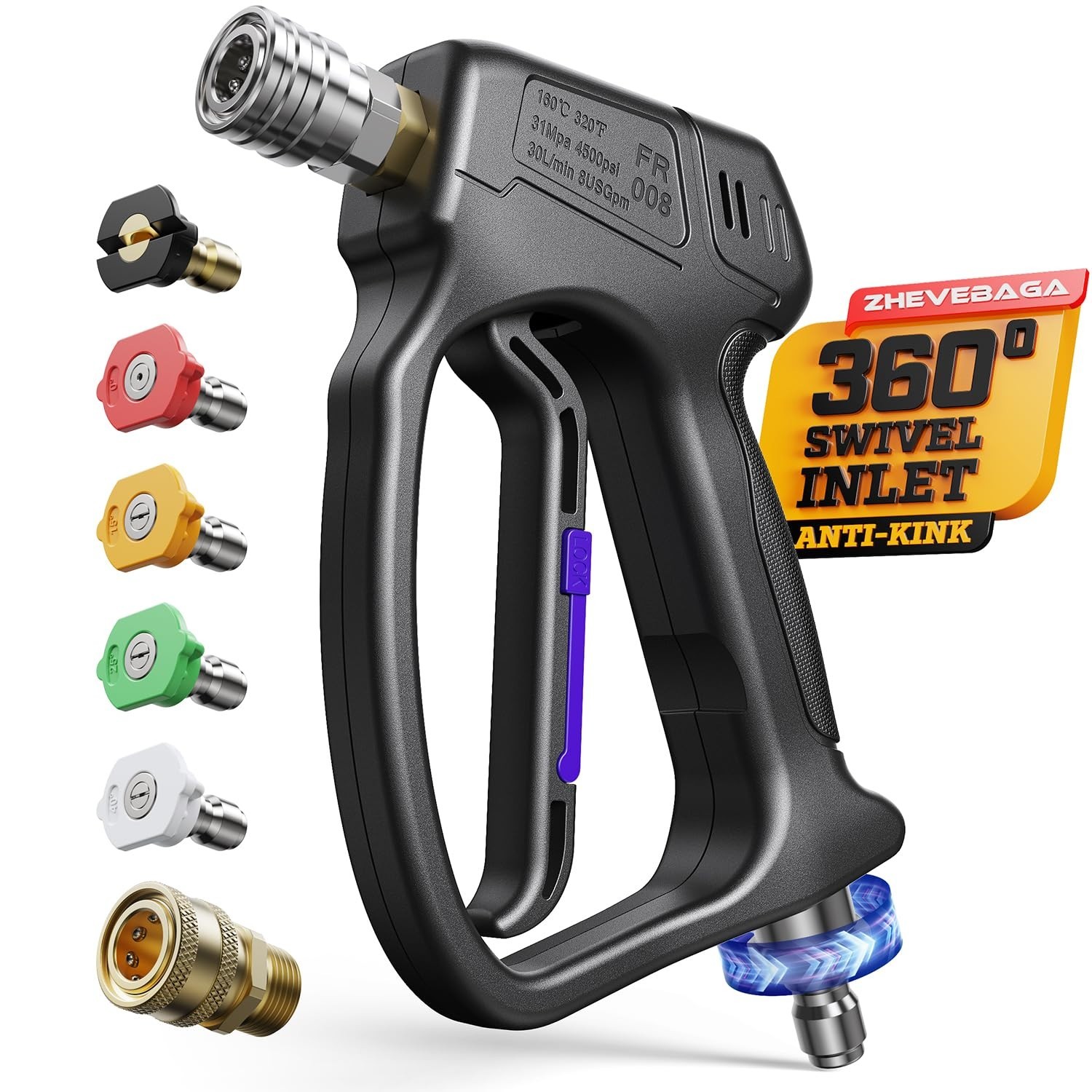 High-Pressure Washer Gun with Swivel, 5 Spray Nozzles & Quick Connect Coupler