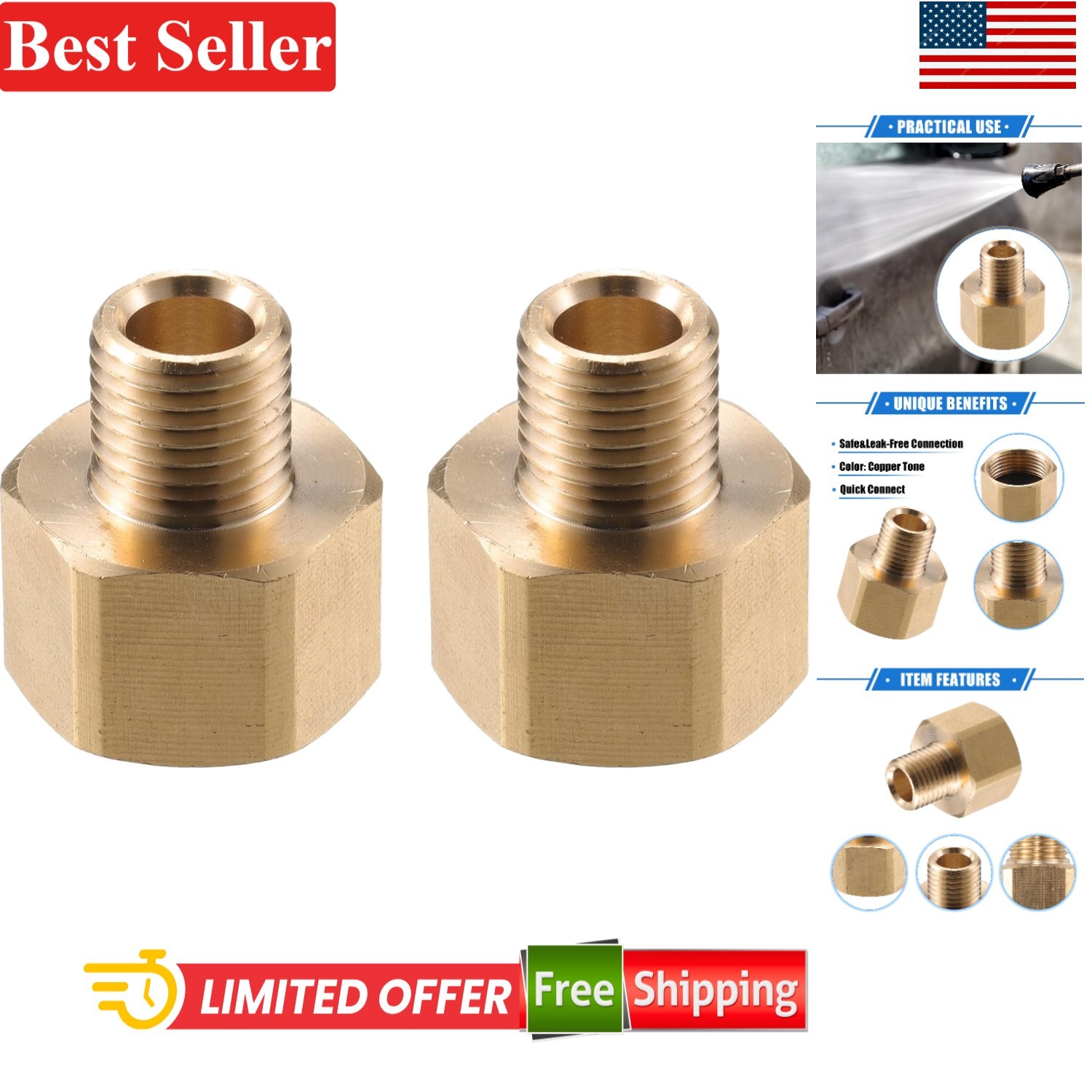 Pressure Washer Connector M22x1.5 to 9mm M14x1.5 Brass Adapter Copper Tone 1pc