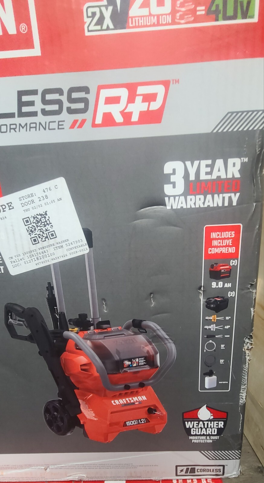 Craftsman CMCPW1500N2 2xV20=40V Brushless RP 1500 PSI Cold Water Pressure Washer