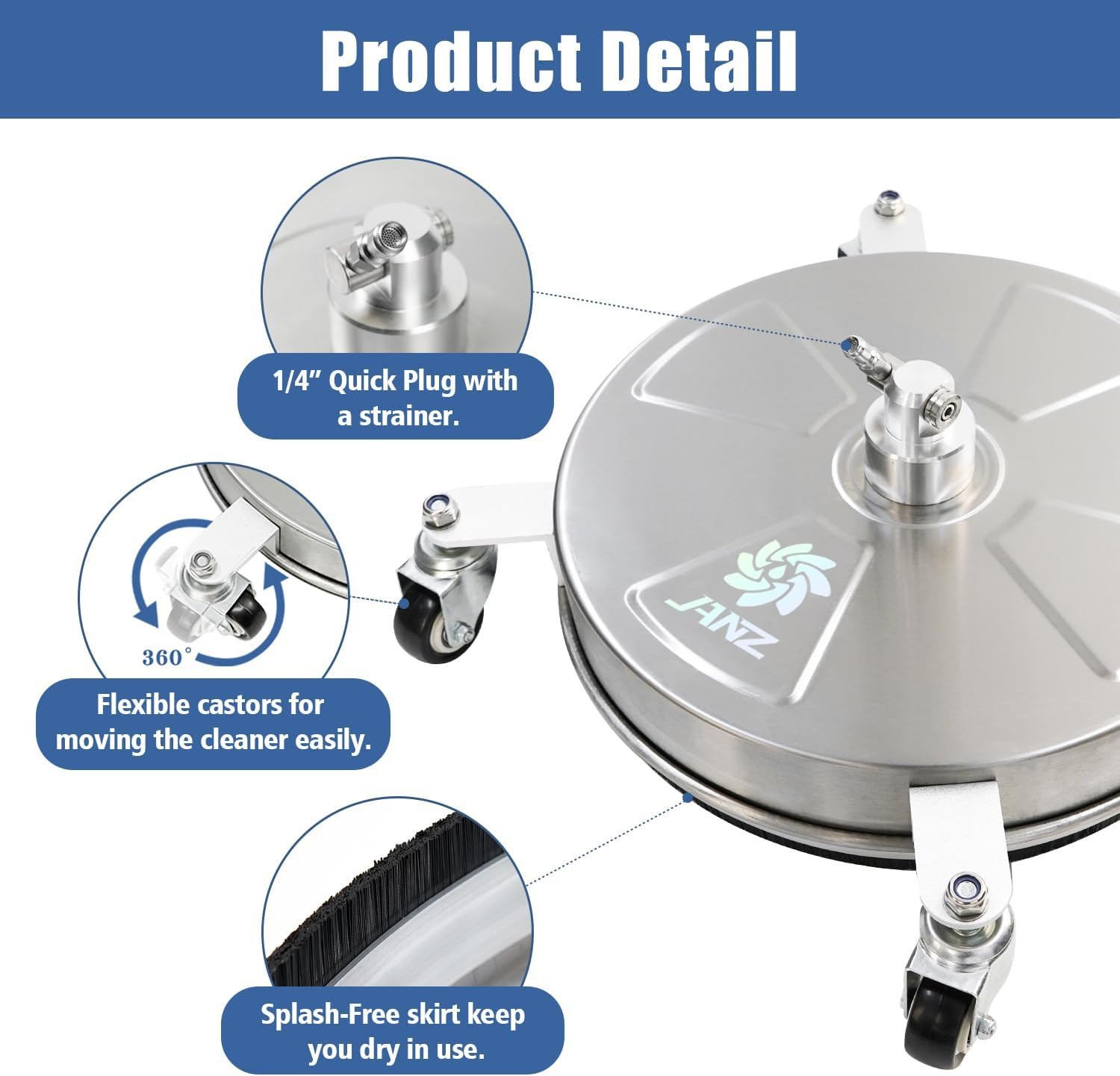 16″ Pressure Washer Surface Cleaner with 4 Wheels, Stainless Steel Housing, 1/4″