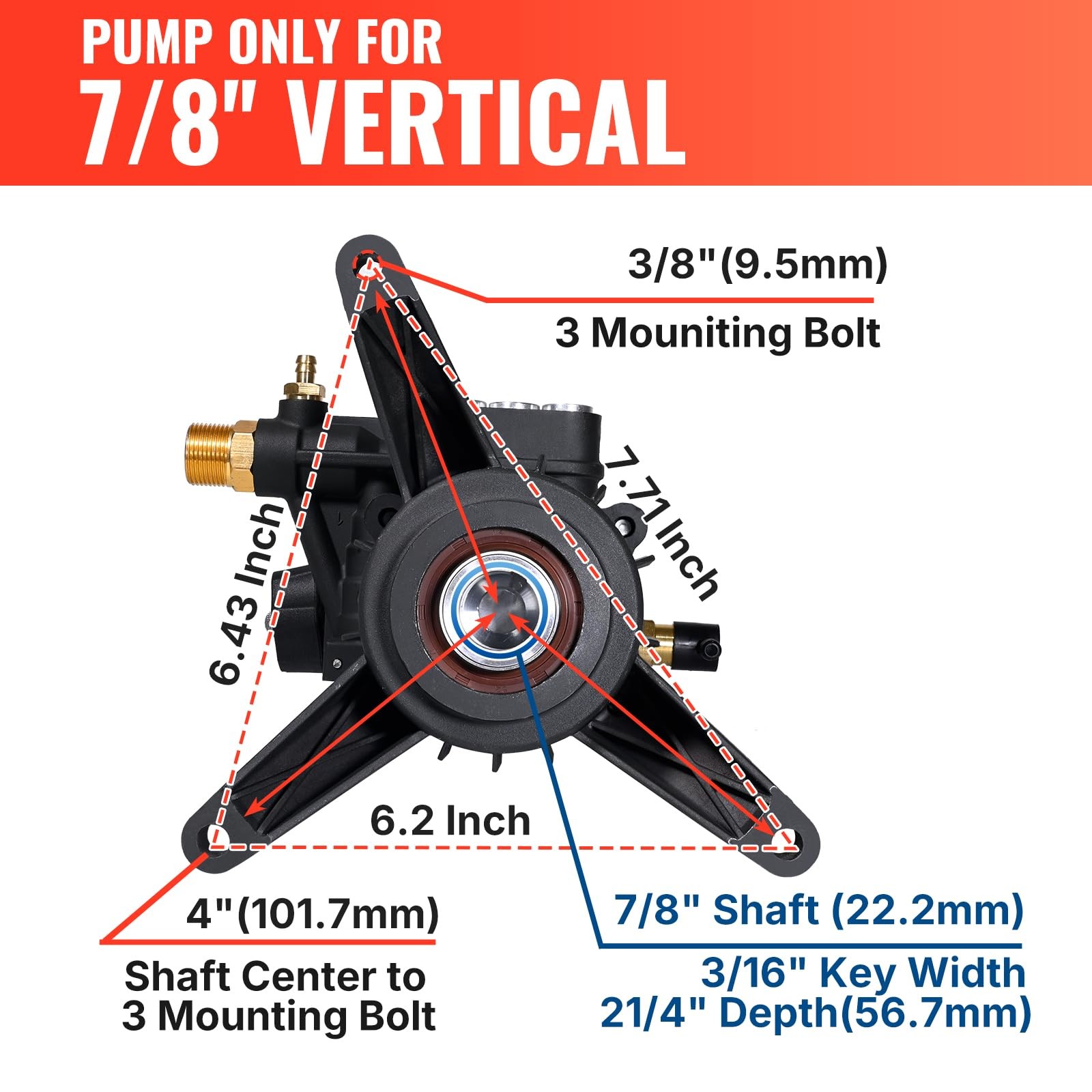 Pressure Washer Pump 3400 PSI 2.5 GPM 7/8 Inch Shaft Replacement for Engines