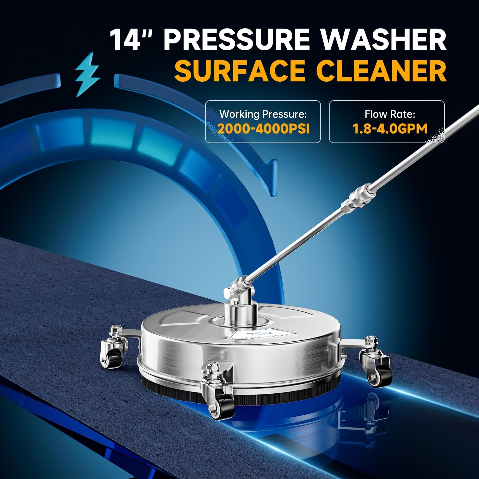 TOR 14in Pressure Washer Surface Cleaner 4000 PSI Stainless Steel w/Wheels