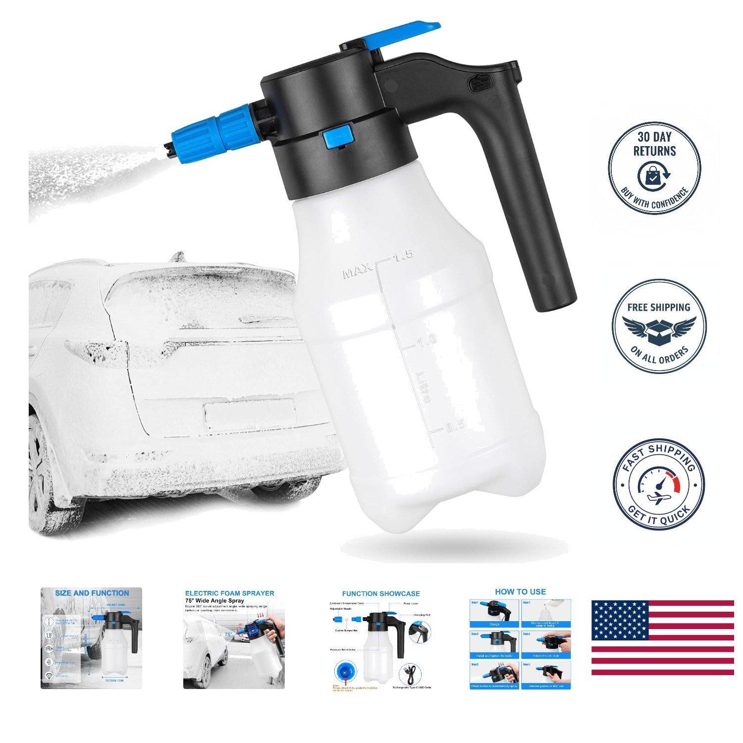 1.5L Electric Car Foam Sprayer, Foam Sprayer for Car Wash with USB Rechargeable,