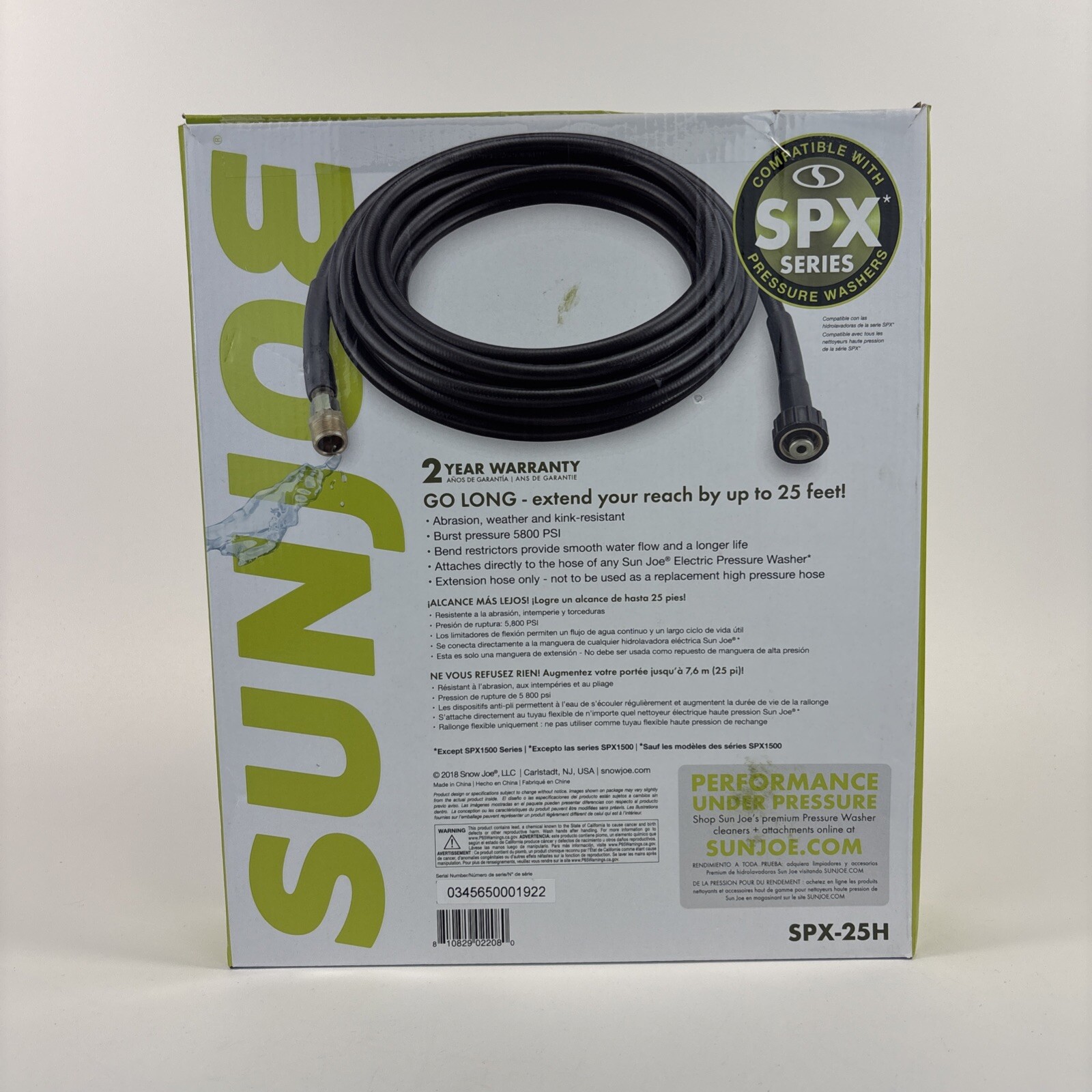Sun Joe 25′ Pressure Washer Hose Extension 25 Ft Medium Duty SPX-25H OEM Genuine