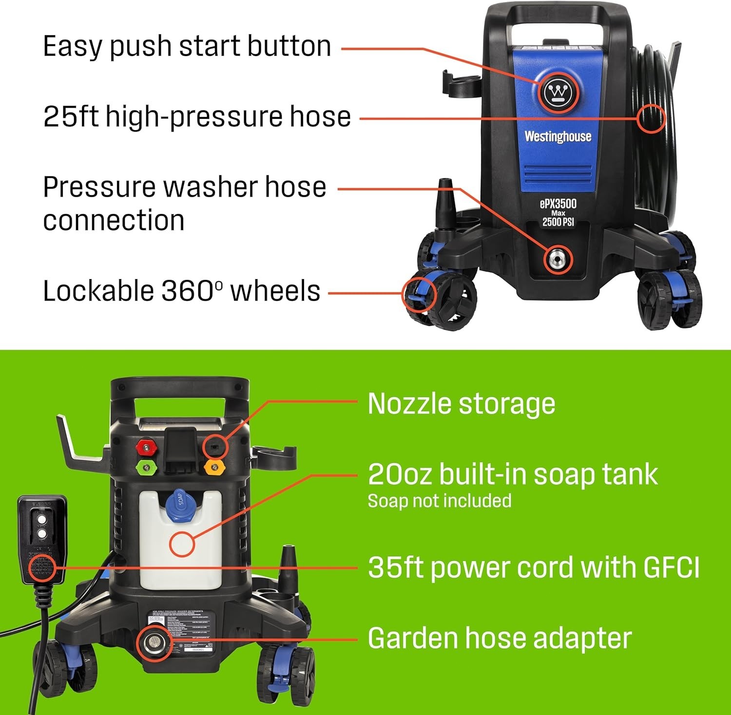 Westinghouse ePX3500 Electric Pressure Washer, 2500 Max PSI 1.76 Max GPM with An