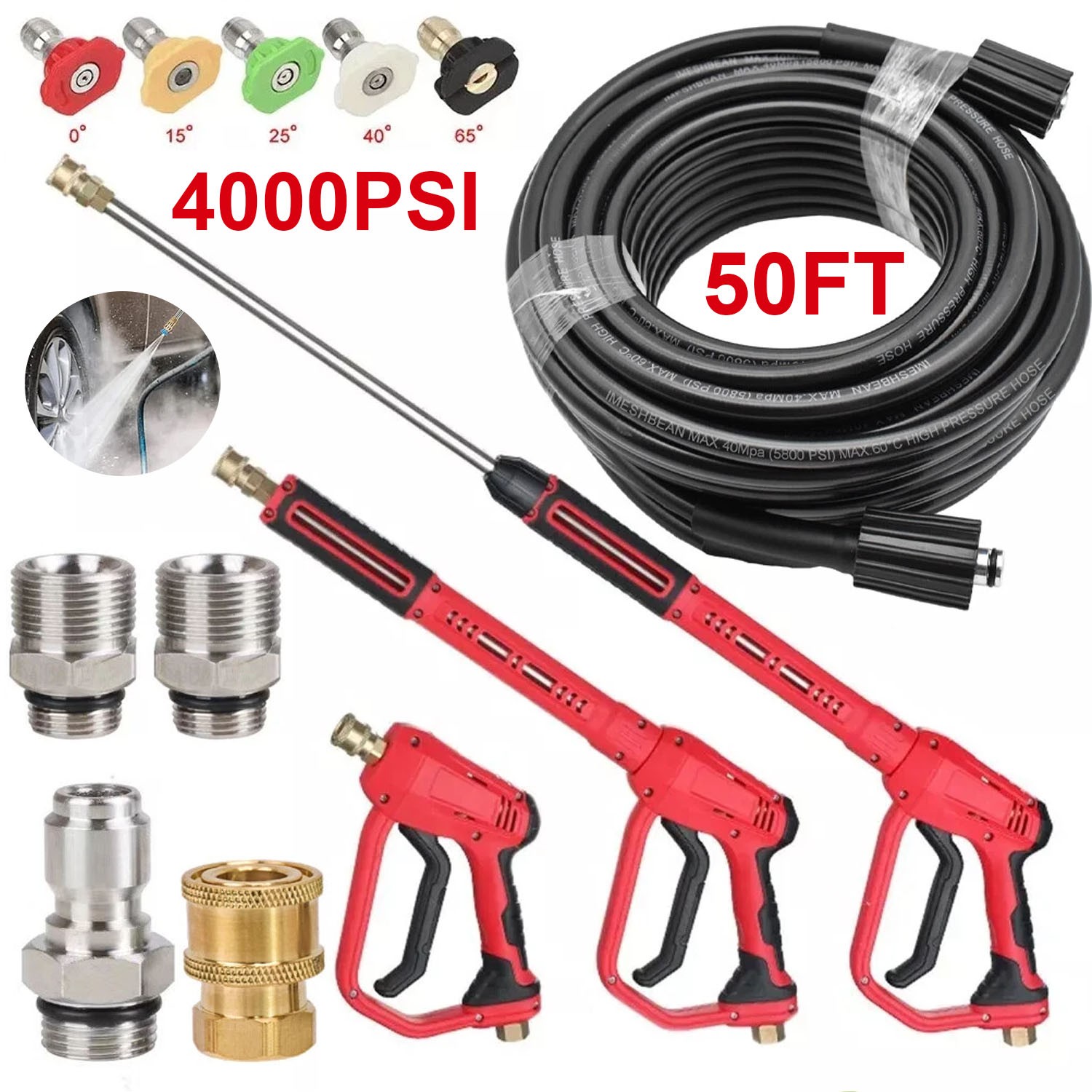 High Pressure 4000PSI Car Power Washer Gun Spray Wand Lance Nozzle and Hose Kit