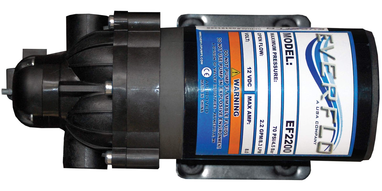 Everflo 12V OnDemand Diaphragm Sprayer Pump 2.2GPM, 70 PSI, 3/8″ FNPT Ports