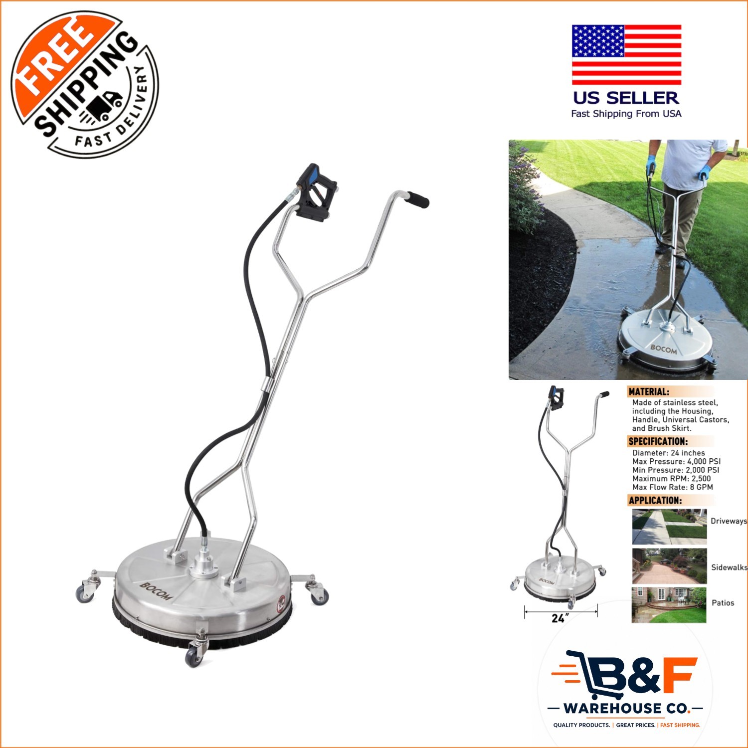 24-Inch Stainless Steel Pressure Washer Surface Cleaner – 4000 PSI Dual Handle
