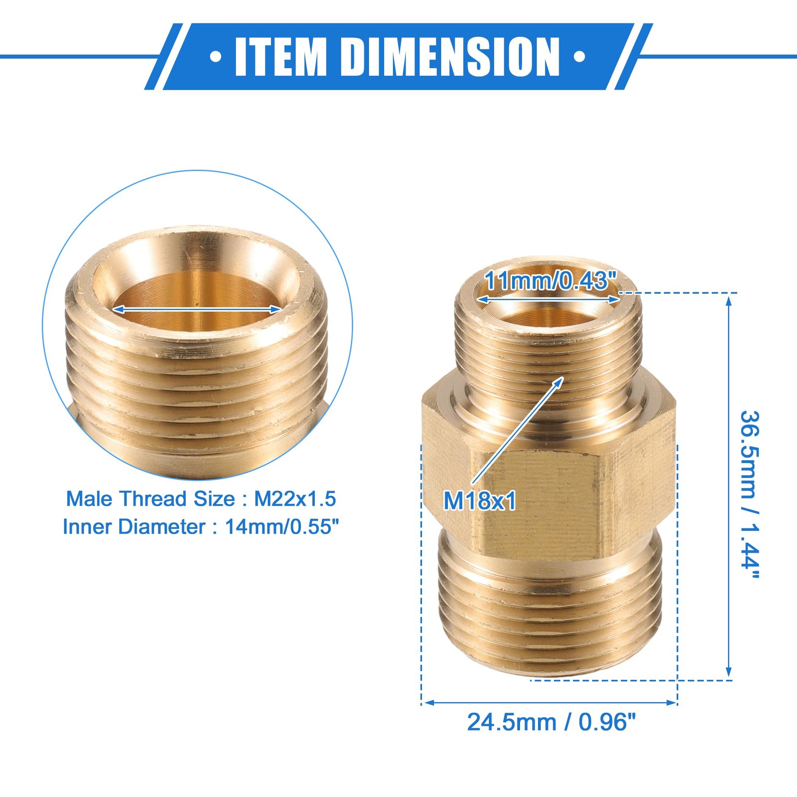 Pressure Washer Connector, M18x1 to M22x1.5 Male Adapter Brass Screw Hose Con…