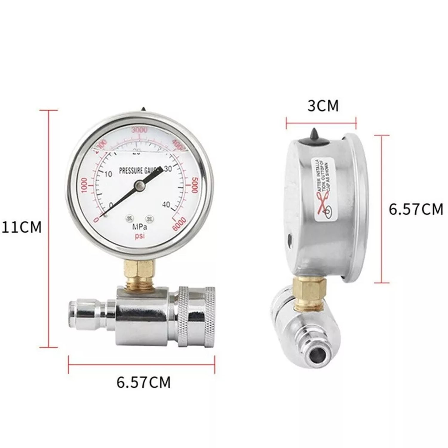 6000 PSI Car Pressure Washer Gauge With 3/8 Inch-Quick Connect Socket And Plug