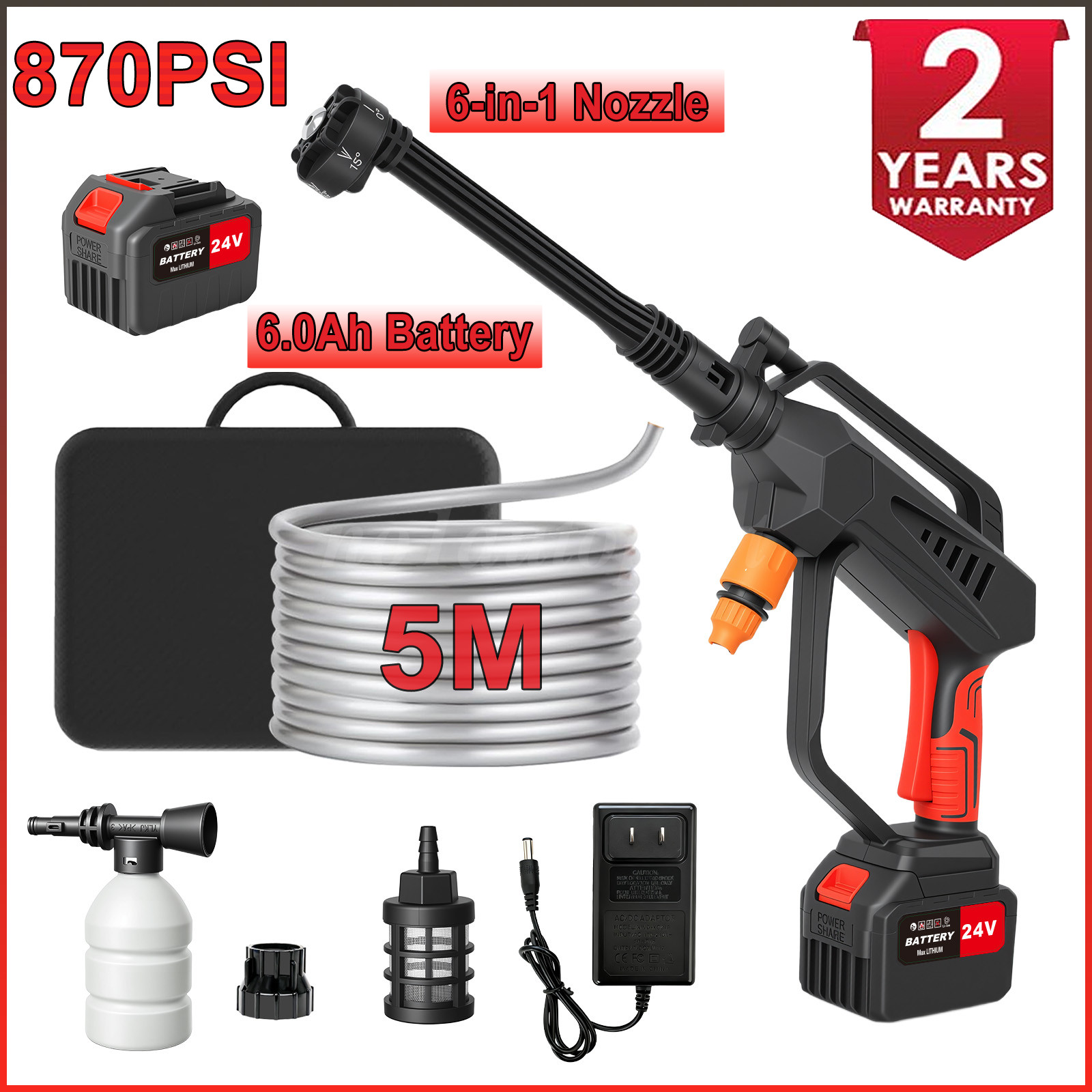 Brushless Cordless Pressure Washer 870PSI Power Portable 6in1 Pressure Washer