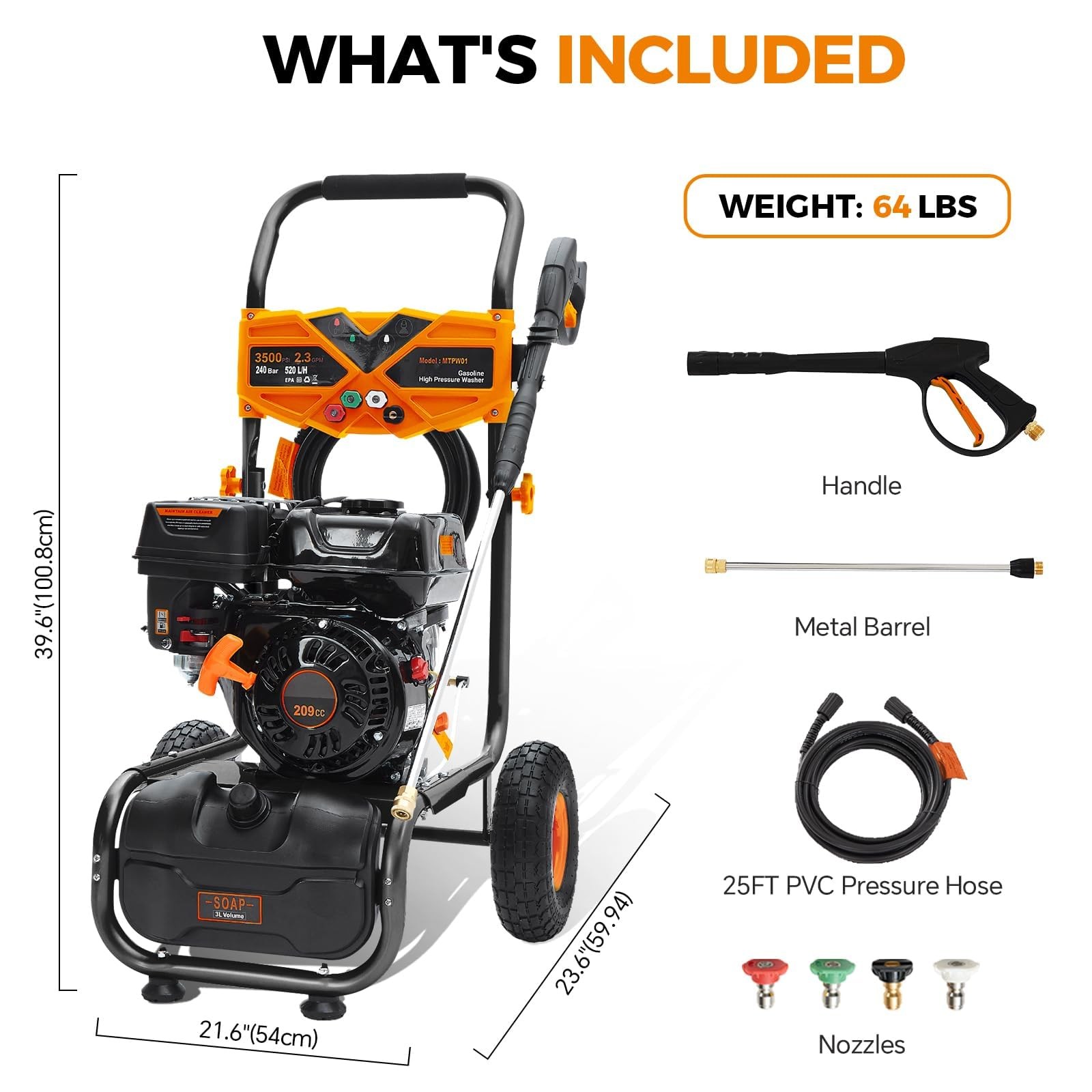 Efurden Gas Powered Washer 3500 PSI 2.3 GPM 209cc 4 Nozzles&Soap Tank Set