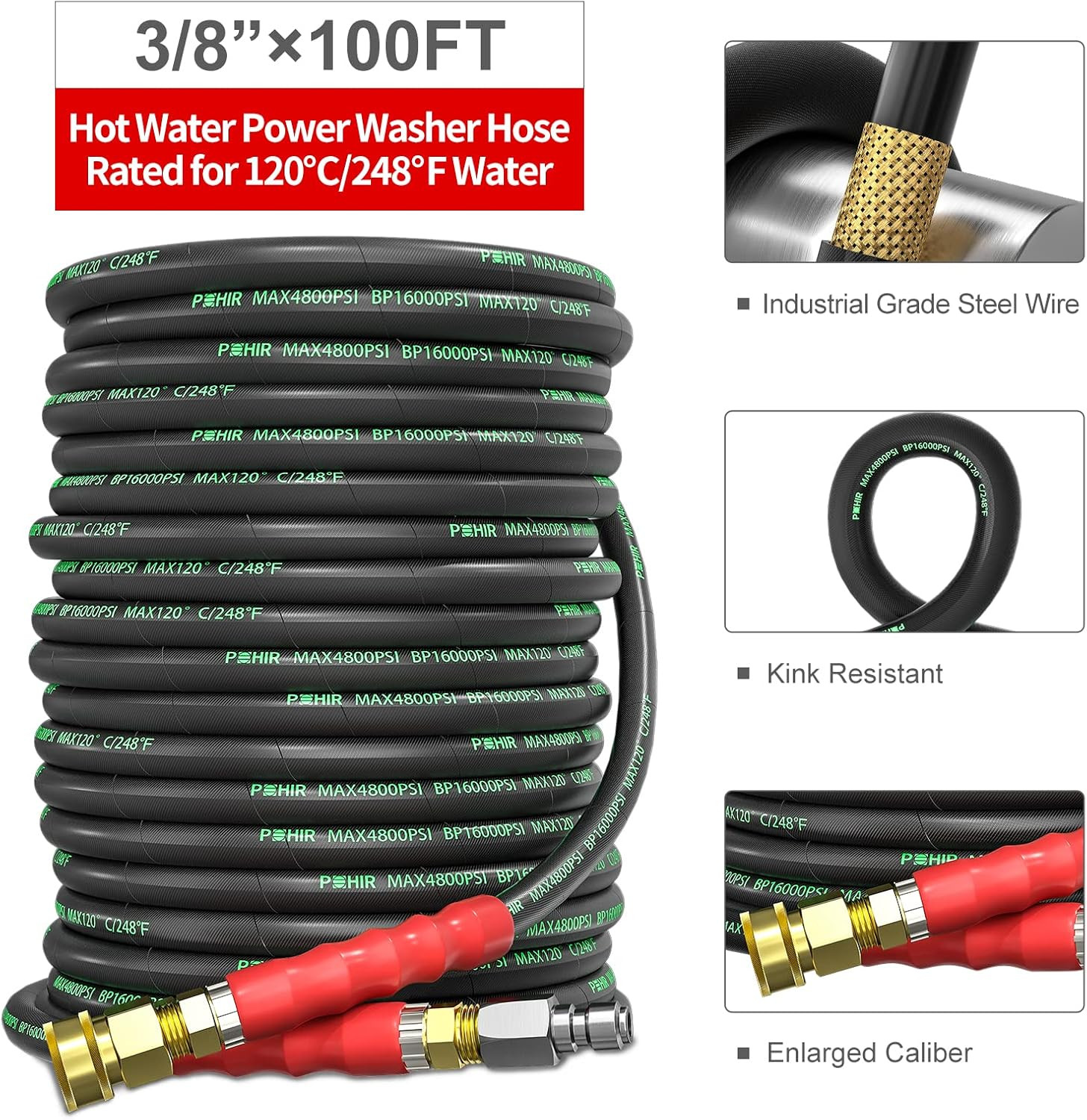 100 Ft Pressure Washer Hose 3/8″ 4800 PSI Kink Resistant with Adapters