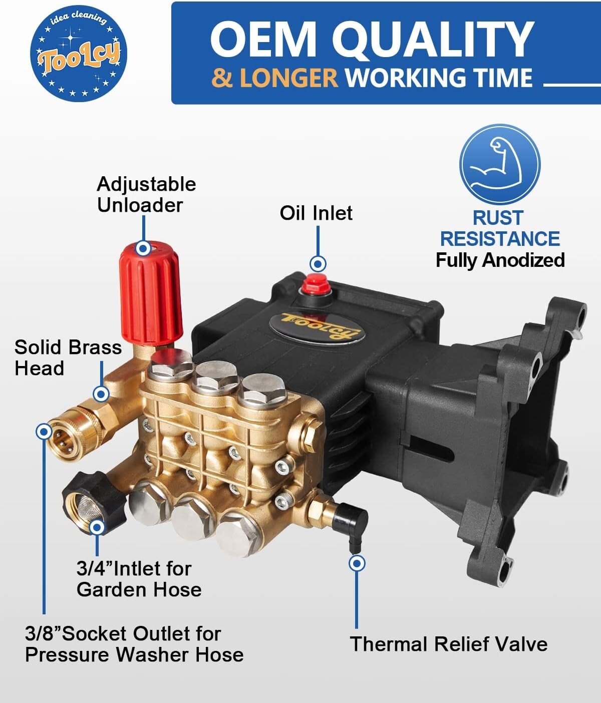 TOOLCY 4000 PSI Triplex Pressure Washer Pump 1″ Shaft Horizontal Plunger 4.2 GPM