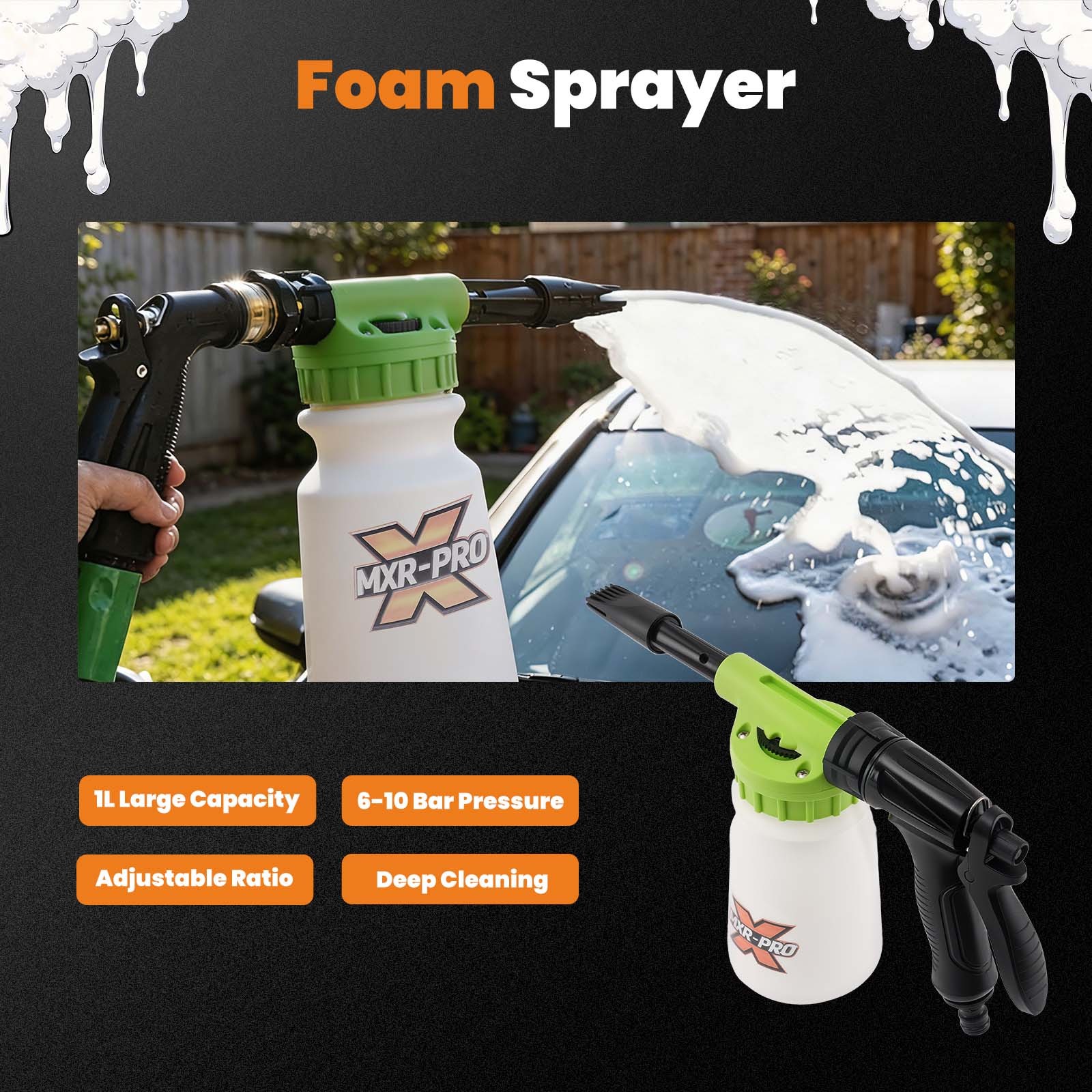 1L Foam Gun Kit for Car Cleaning Hose 5/8′ Quick Connector Plastic Nozzle