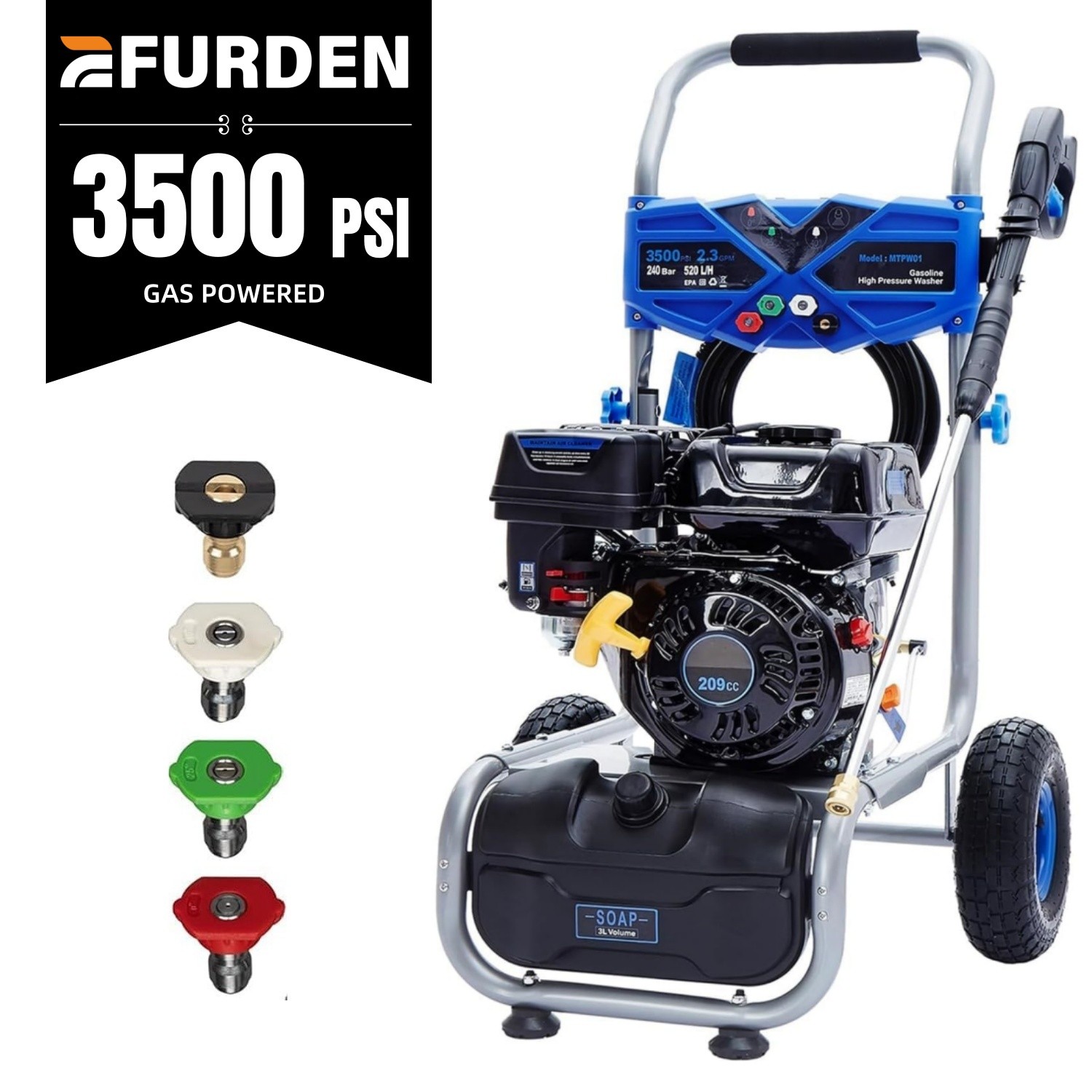 Efurden Gas Powered Washer Cold Water 3500 PSI 2.3 GPM Gas Pressure Washer Blue