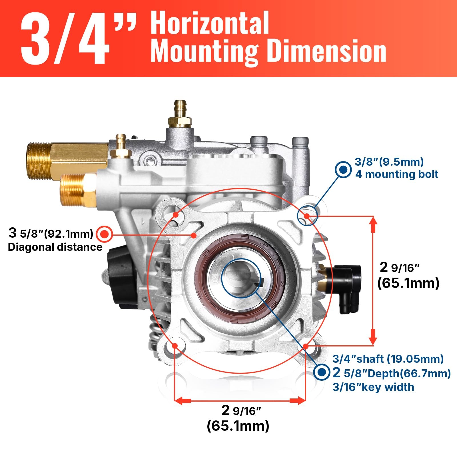 3/4″ Shaft Horizontal Pressure Washer Pump 3400 PSI 2.5 GPM Replacement GC160