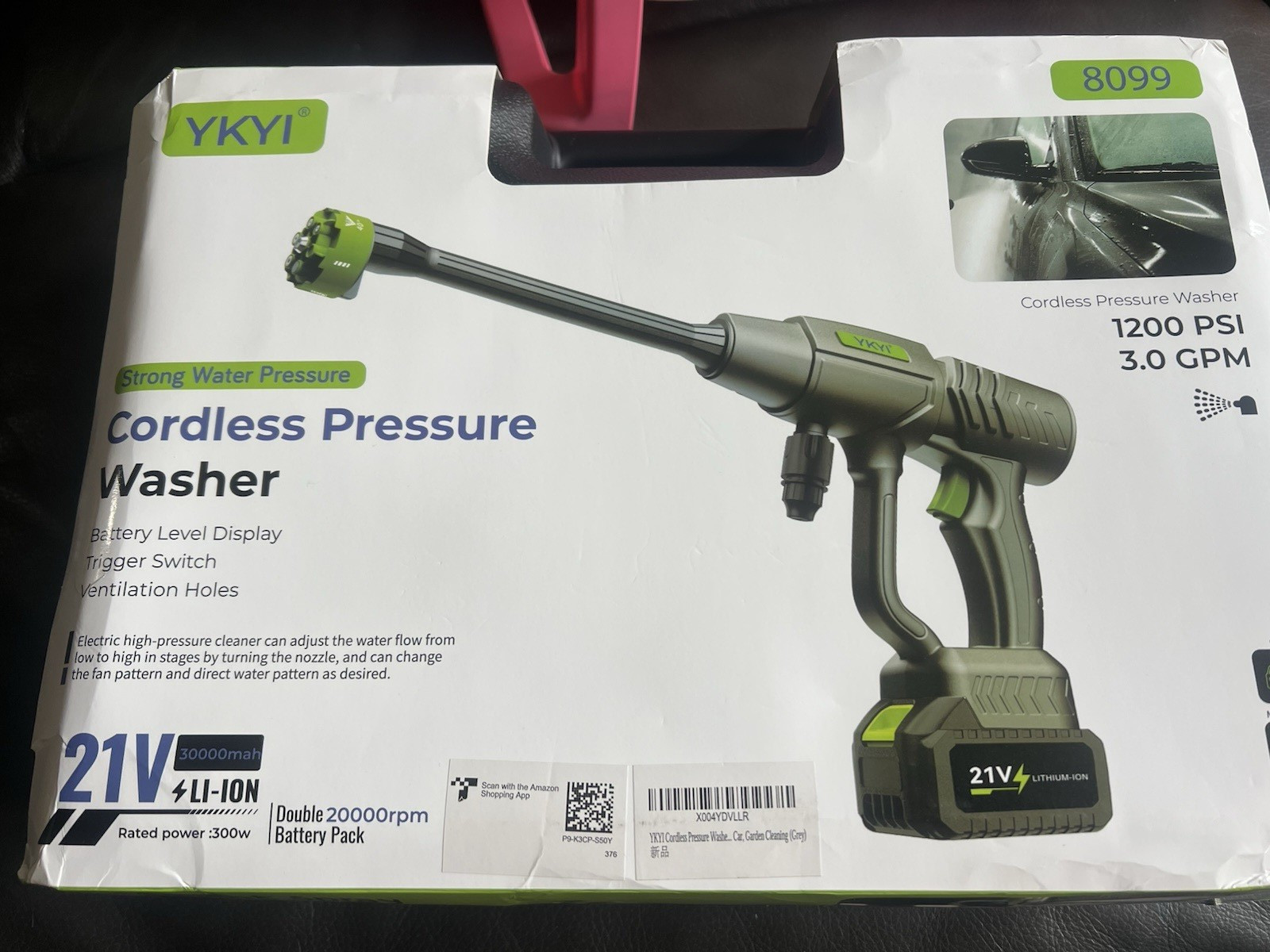 YKYi 8099 Cordless Cold Water Pressure Washer 21V 1200 PSI 300W Battery