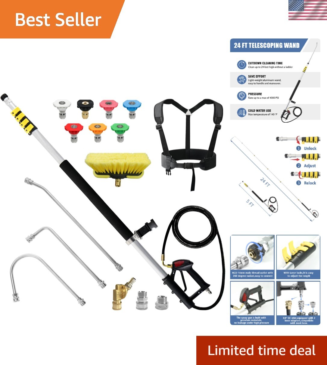 24 FT Pressure Washer Telescoping Wand with Power Washer Extension Wands, Bru…