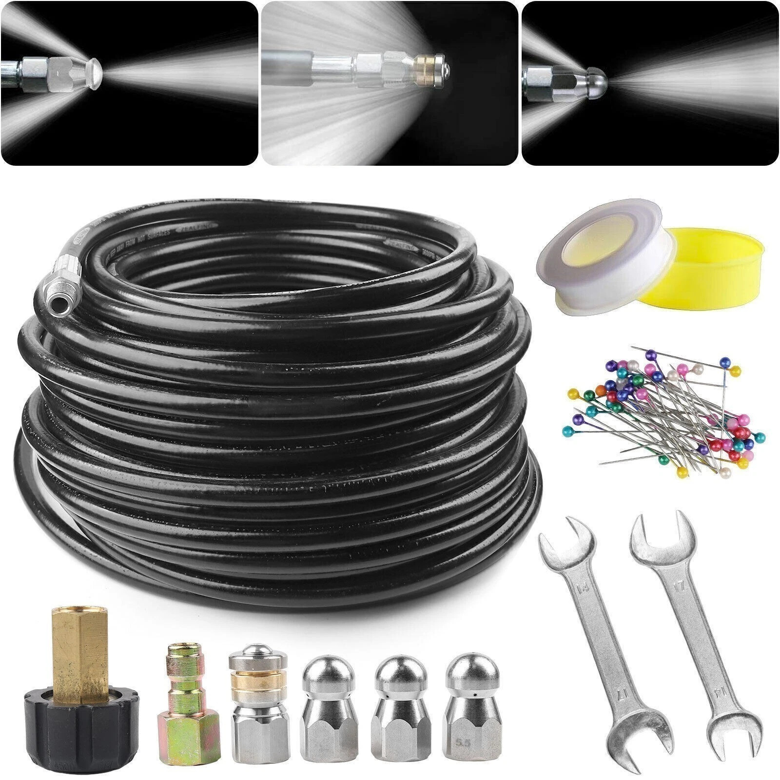 100FT Sewer Jetter Nozzles Kit 4000PSI Drain Cleaning Hose for Pressure Washer