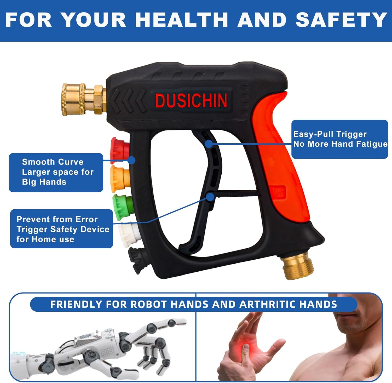 Short Wand High Pressure Washer Gun, 3000 PSI, 5 Nozzles, M22 Metric Male Fit