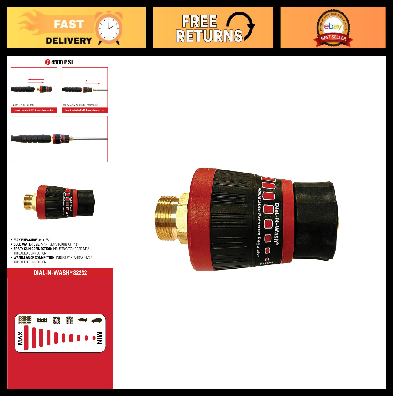 Adjustable Pressure Regulator 4500 PSI M22 Connections Dial Control for Driveway
