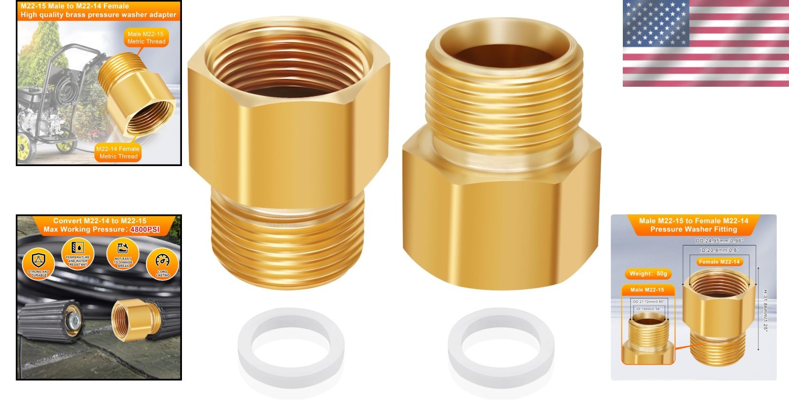 M22 High-Pressure Brass Washer Adapter – 4800 PSI M22-14 to M22-15 Conversion
