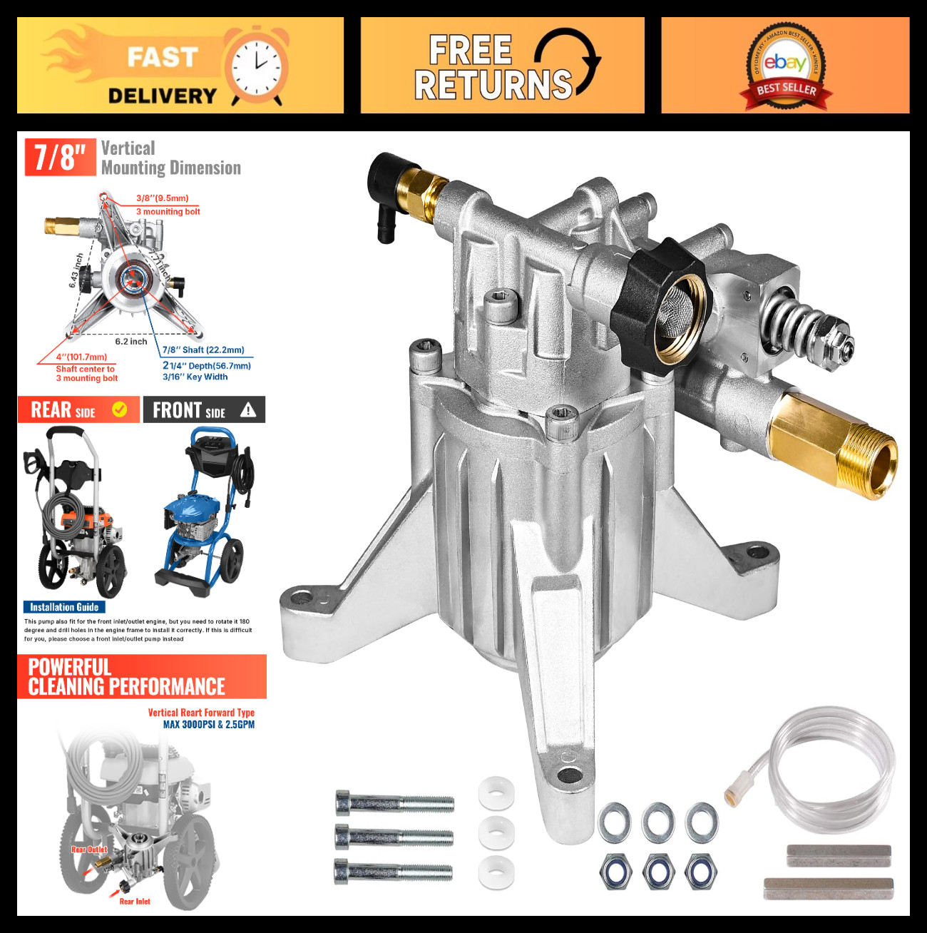 7/8″ Shaft Vertical Pressure Washer Pump 3000 PSI 2.5 GPM Replacement for Power