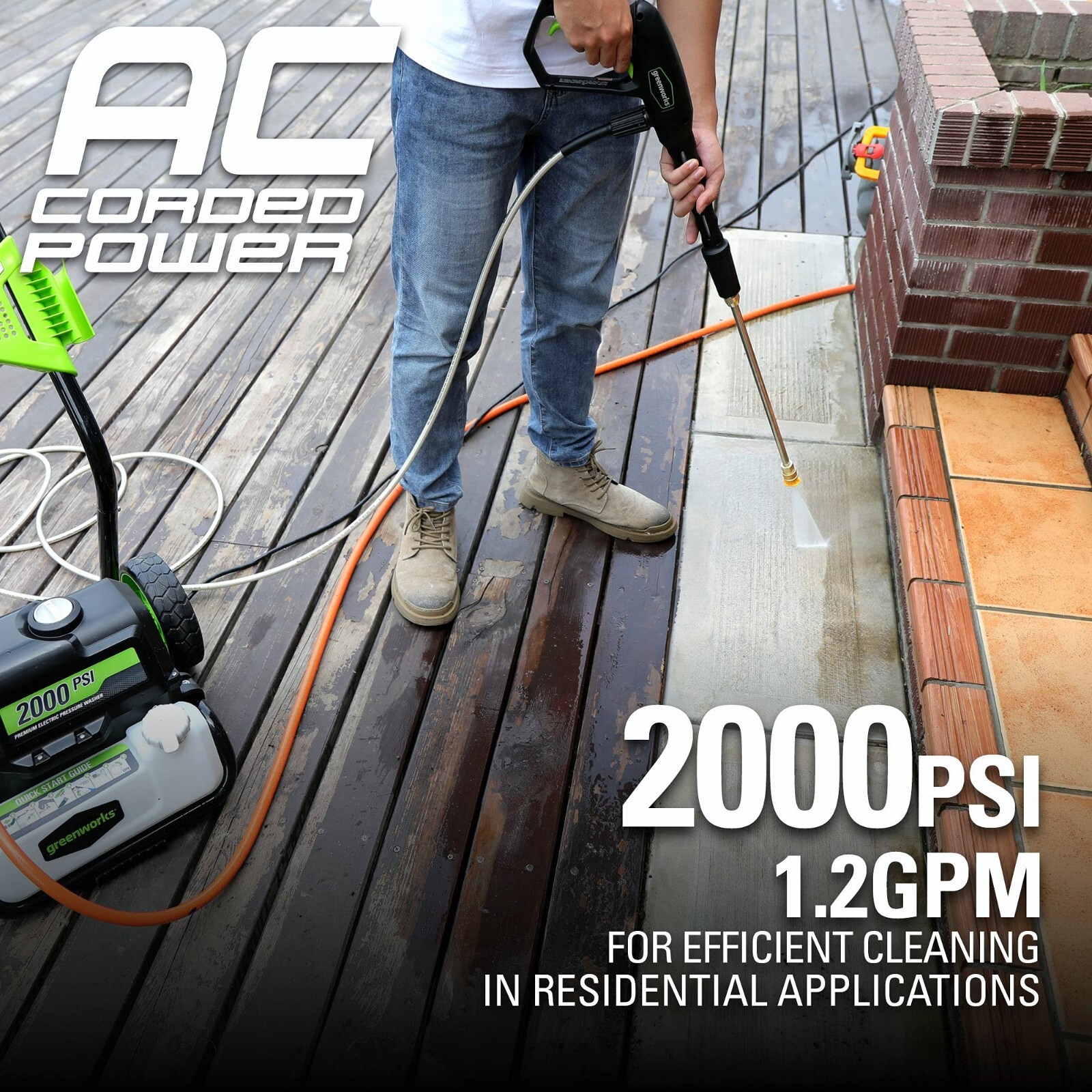 Greenworks 2000 PSI 1.2 GPM Electric Pressure Washer 25Ft Hose 35Ft Cord 4 Nozzl