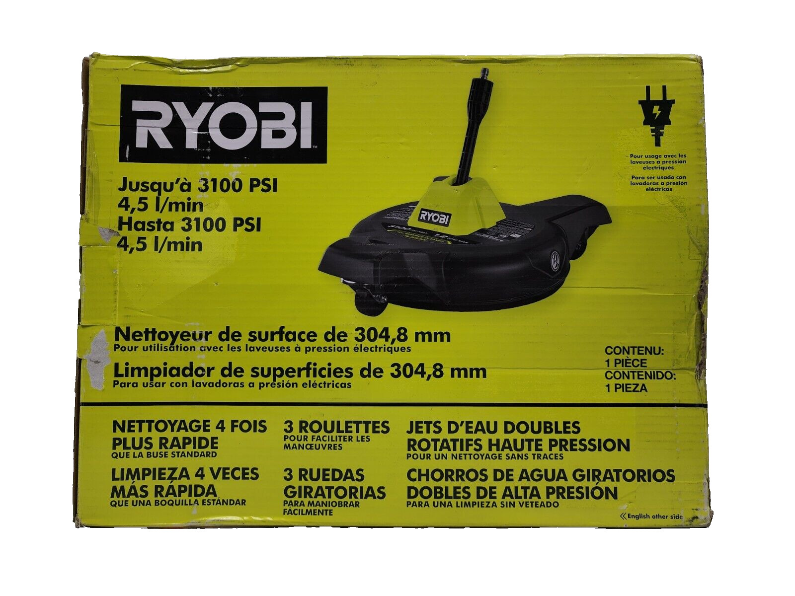 RYOBI 12 in. 3100 PSI Electric Pressure Washer Surface Cleaner with Caster