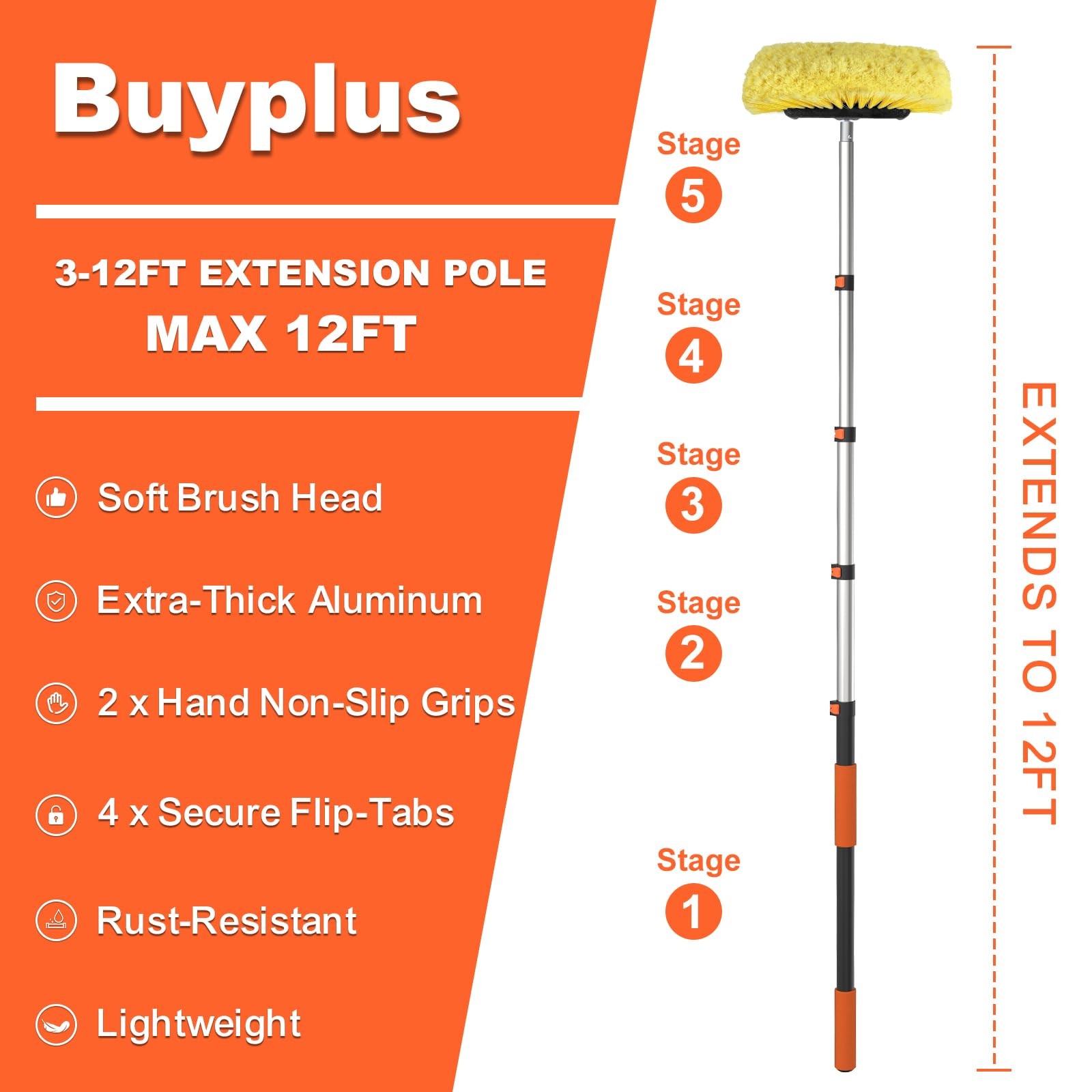Buyplus 12FT Car Wash Brush with Long Handle, 12-Inch Soft 12 ft, Orange