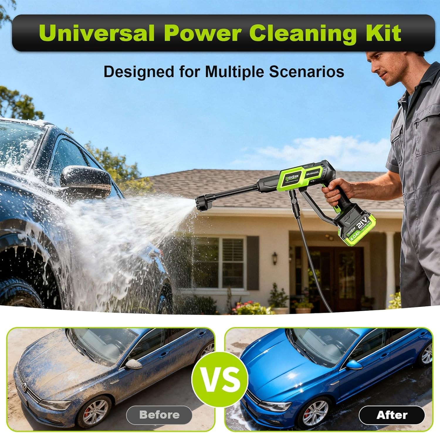 Cordless Portable Car Washer-Brushless Motor 2X4000mAh Batteries & Fast Charger
