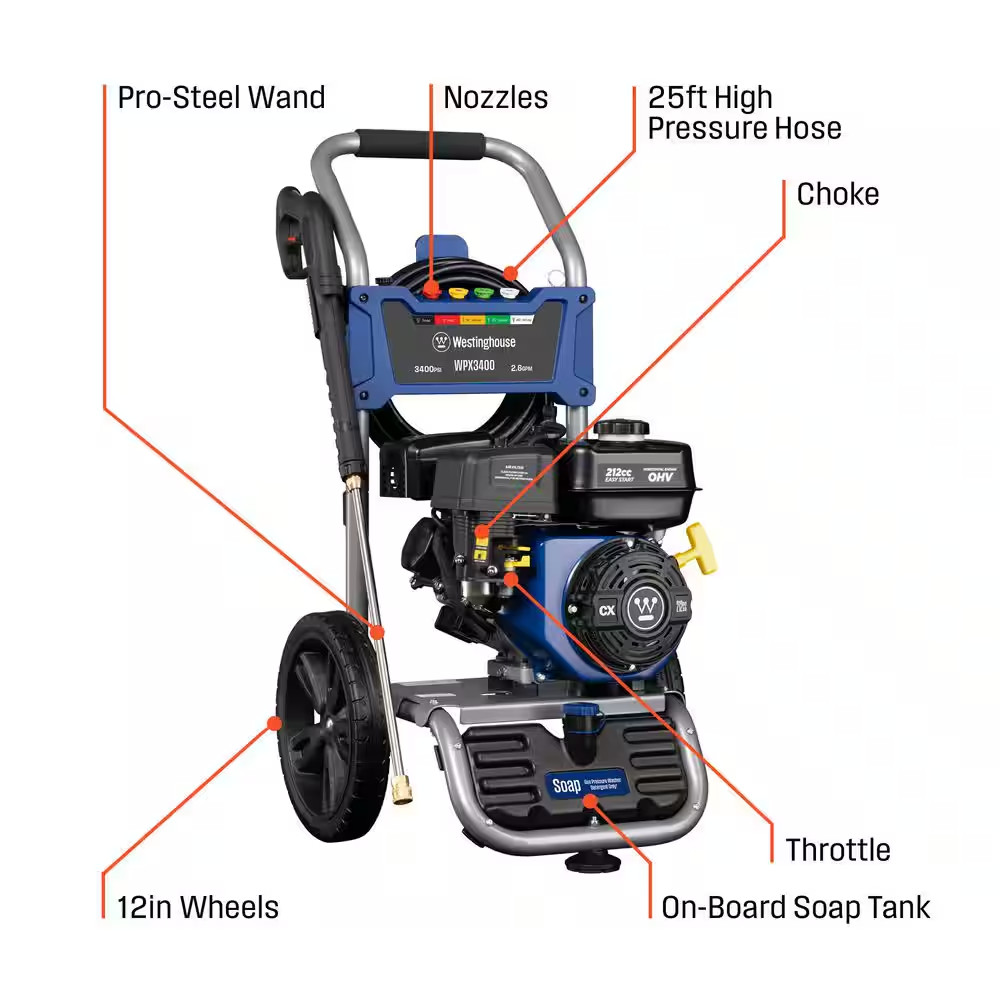 3400 PSI 2.6 GPM Gas Powered Axial Cam Pump Cold Water Pressure Washer with Soap