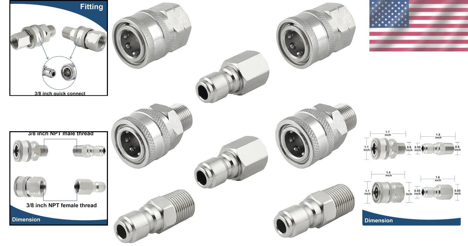 8-Piece Stainless Steel Pressure Washer Quick Connect Fittings Set – 3/8 Inch