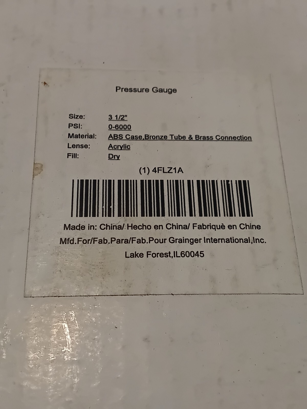 PRESSURE GAGE: 3 1/2″ 0-6000 ABS CASE, BRONZE TUBE & BRASS CONNECTION – (C4D)