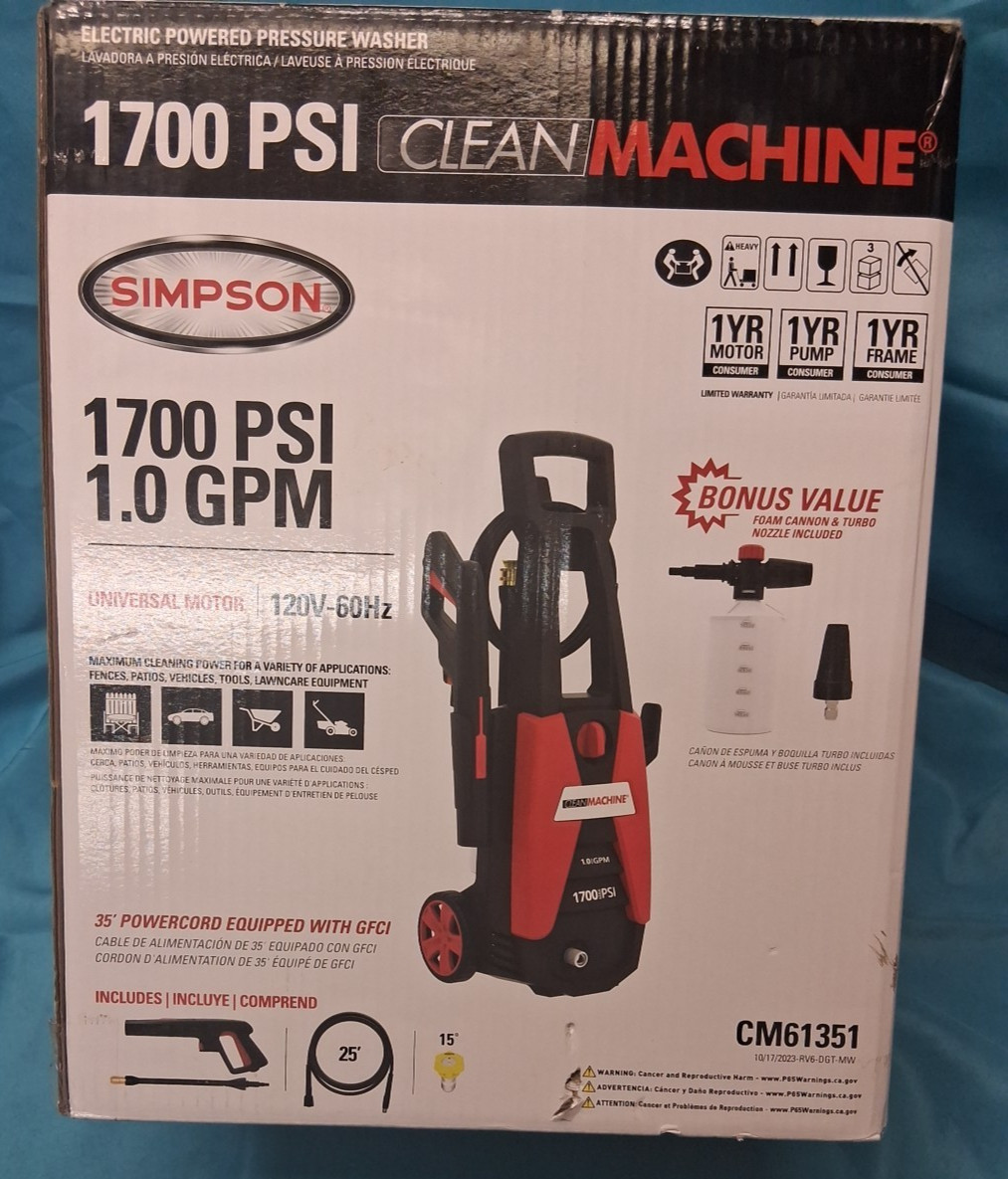 Simpson Clean Machine CM61351 Electric Pressure Washer 1700 PSI
