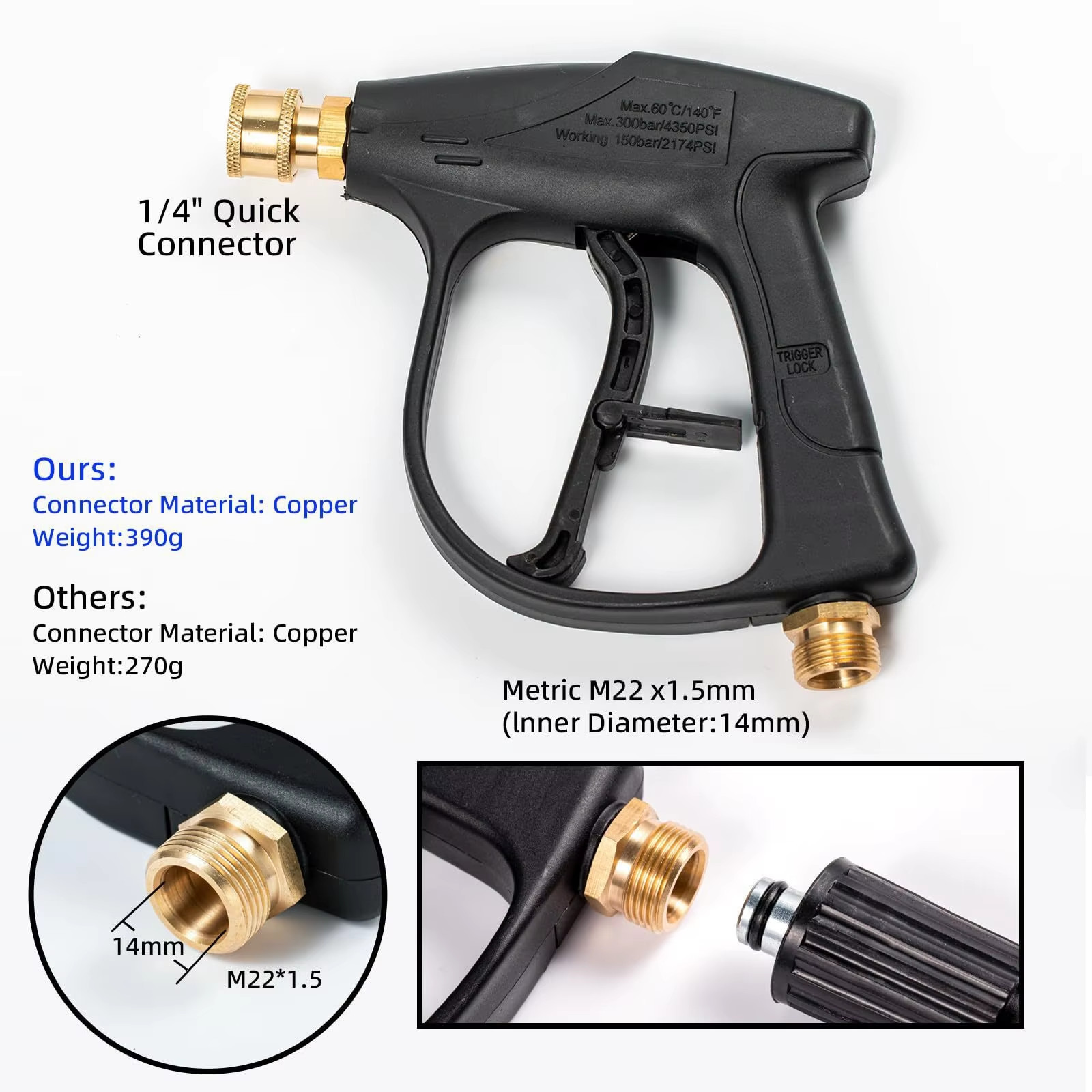 300 Bar High – Pressure Washer – 1L Foam Cannon, 5 Nozzles, M22 – 14 Connection,