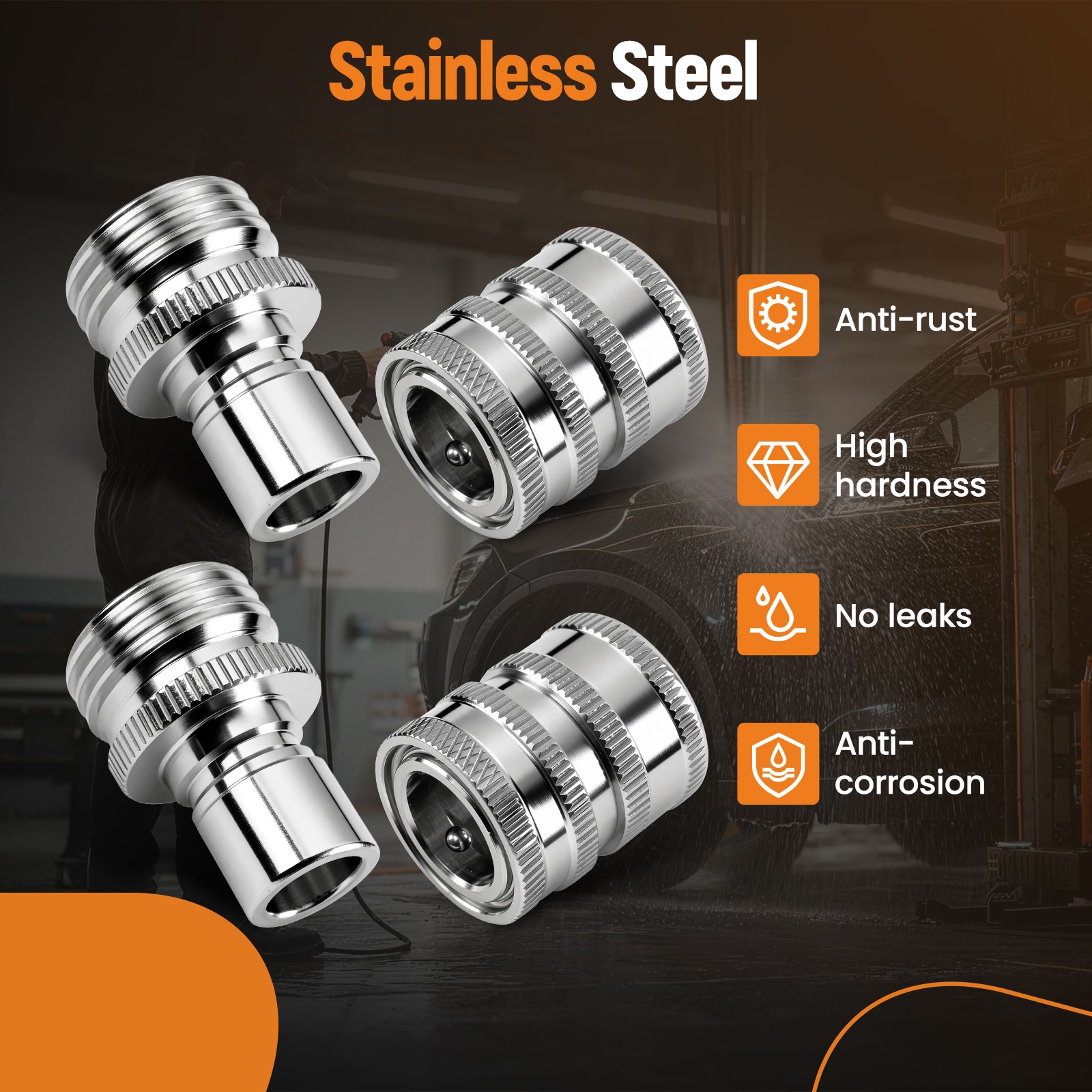 3/4in Garden Hose Pressure Washer Adapter Kit Stainless Steel Fitting 4Pcs