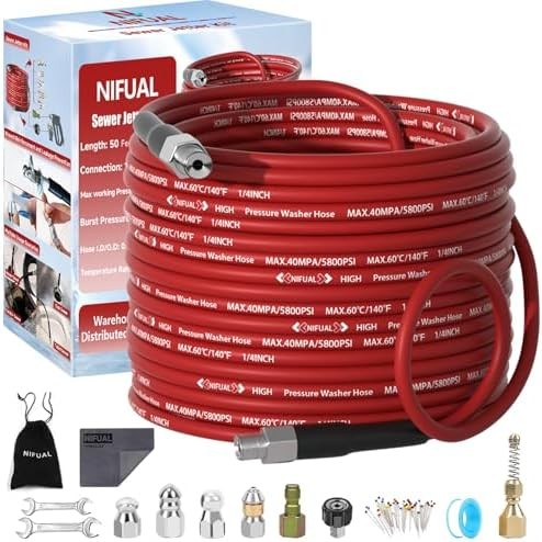NIFUAL Sewer Jetter Kit for Pressure Washer,50FT 5800PSI Pressure Drain Cleaner