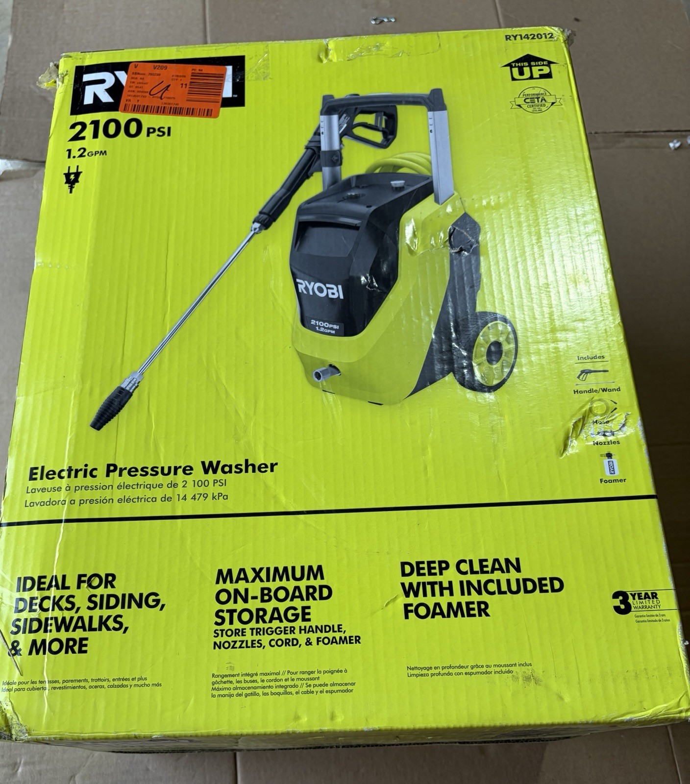 Ryobi RY142012 2100 PSI Corded Electric Cold Water Washer w/ Hose Gun Foamer